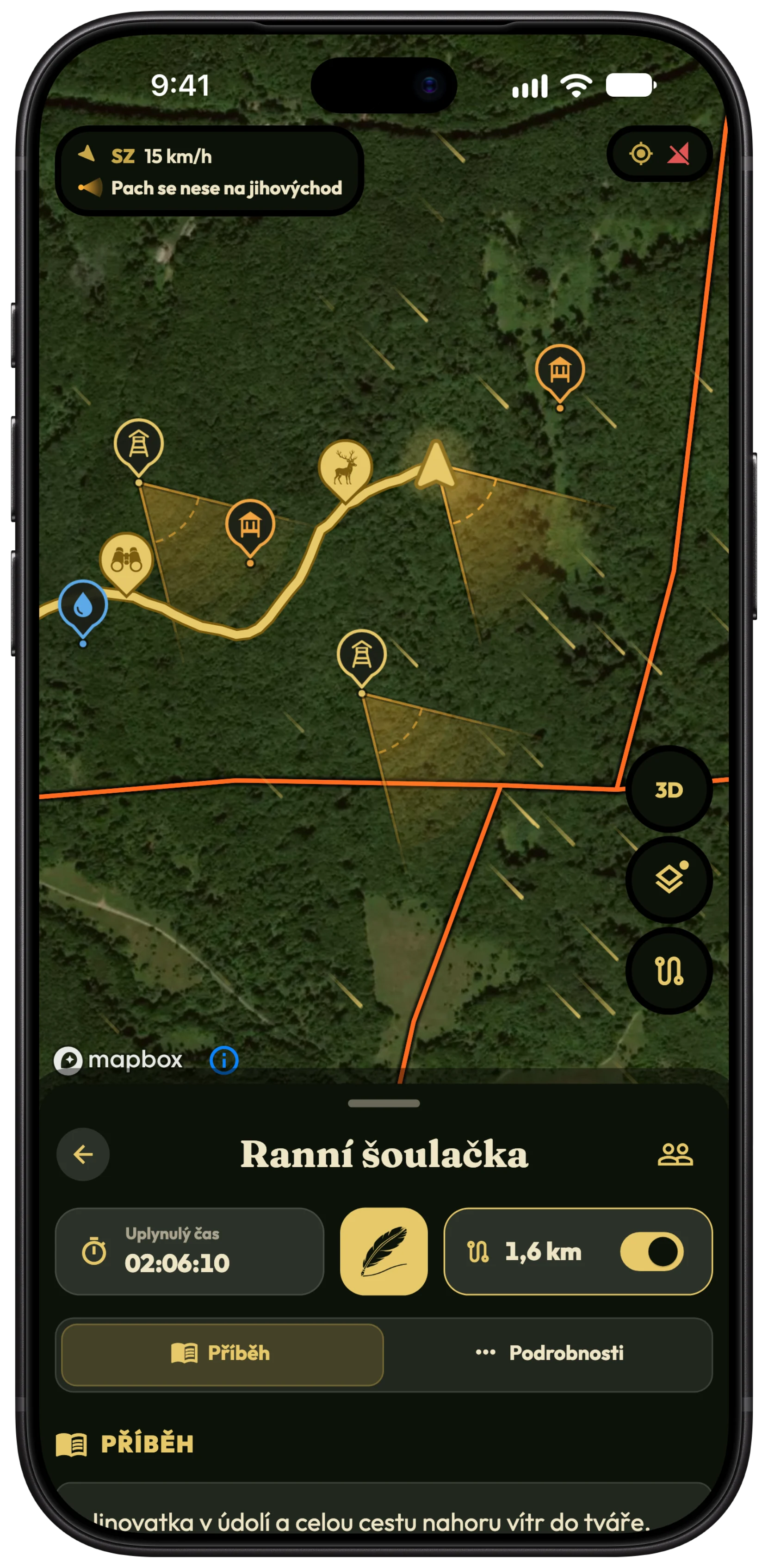 Mapa lovu v HunTrackeru na iPhonu s jantarovými kužely pachu, které se od myslivce a dvou posedů táhnou k jihovýchodu, s proudnicemi větru a údajem o větru