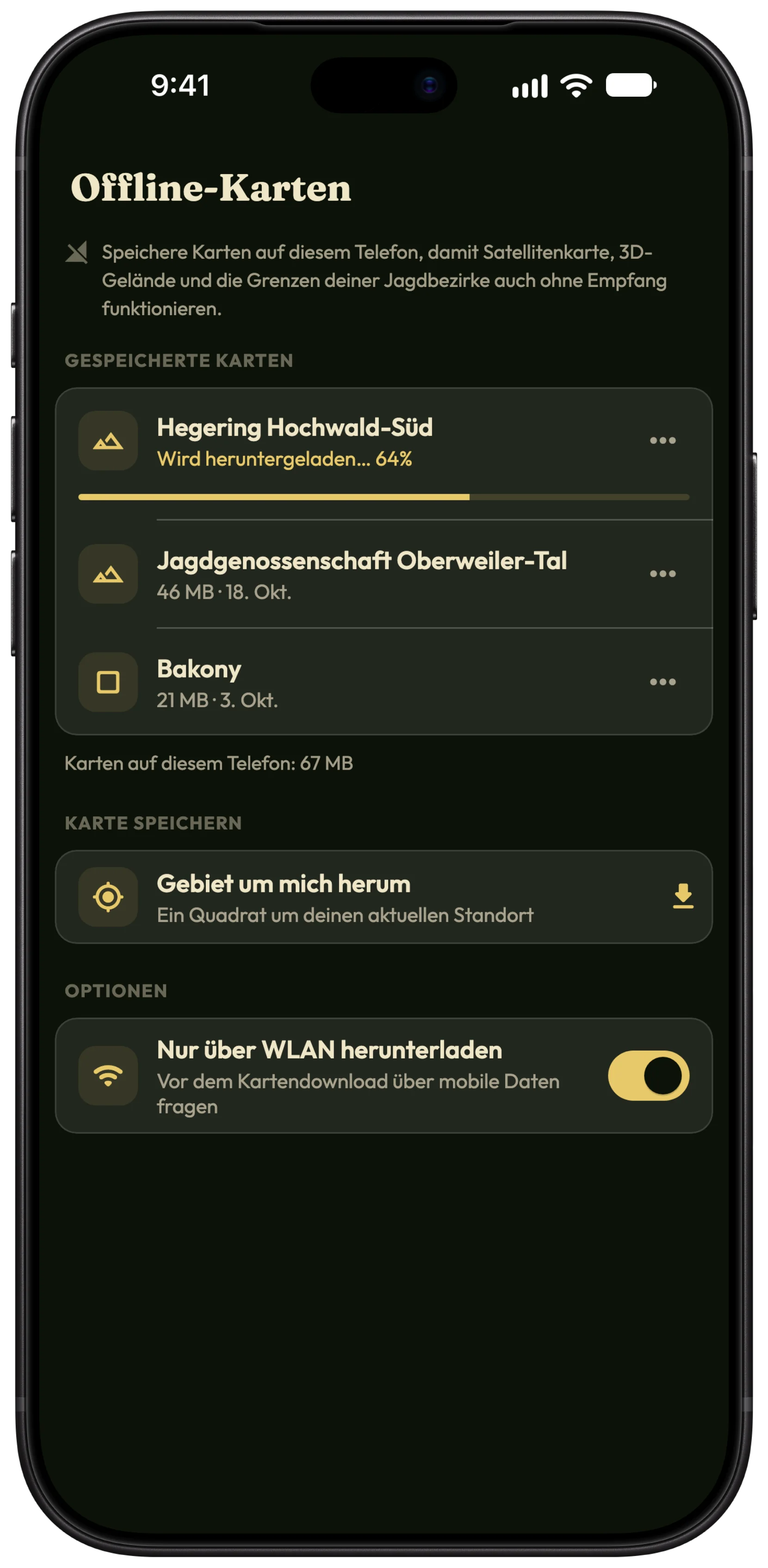 Der Offline-Karten-Bildschirm in HunTracker auf einem iPhone, mit den Jagdbezirken einer Jagdgenossenschaft und der Umgebung eines Jagdplatzes gespeichert und einer weiteren Karte im Download
