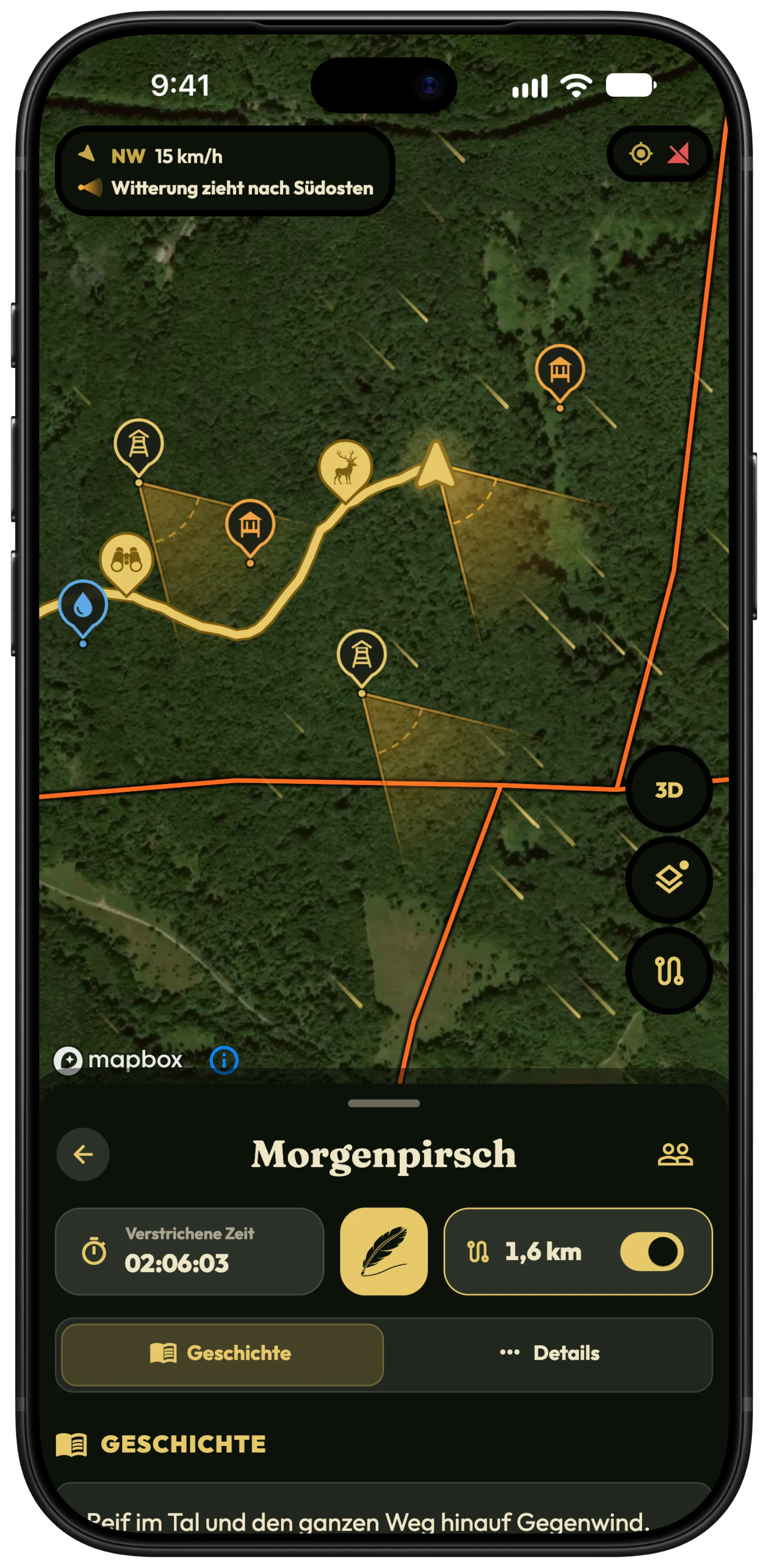 Die Jagdkarte in HunTracker auf einem iPhone, mit bernsteinfarbenen Witterungskegeln, die vom Jäger und von zwei Hochsitzen nach Südosten ziehen, Windstreifen und der Windanzeige