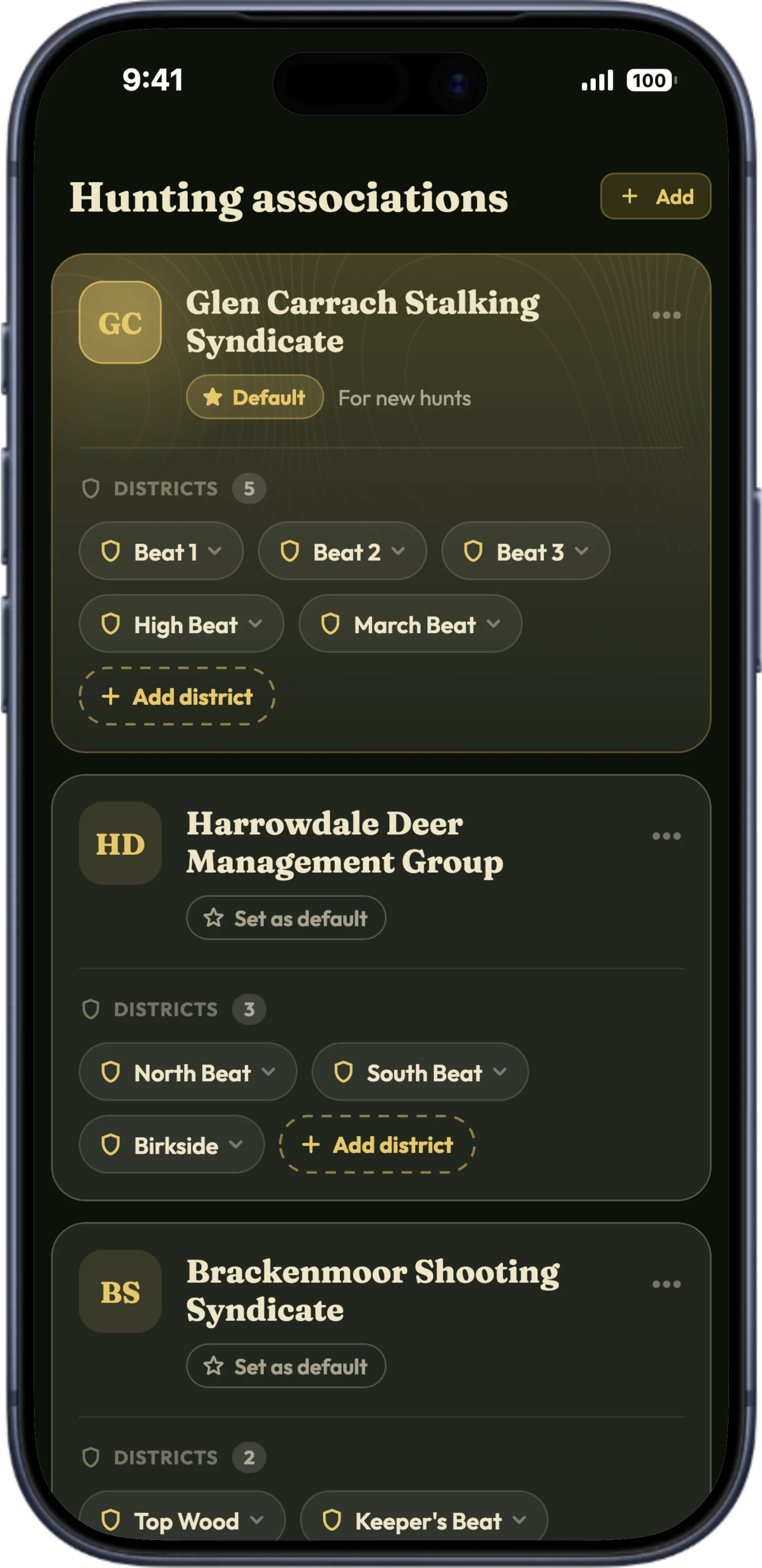 Der Jagdgenossenschaften-Bildschirm in HunTracker auf einem iPhone, jede mit ihren Jagdbezirken