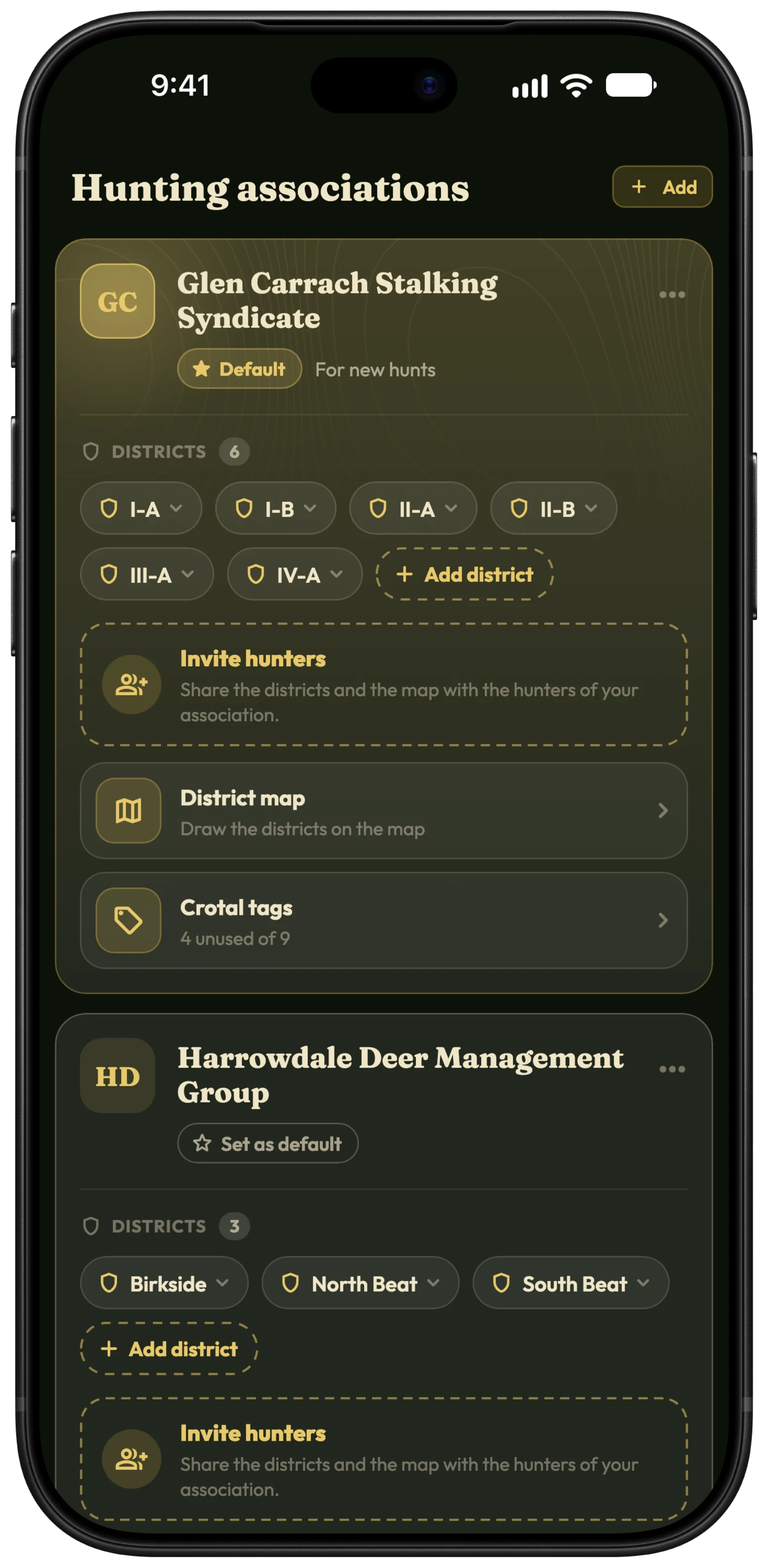 The hunting associations screen in HunTracker on an iPhone, each association with its districts
