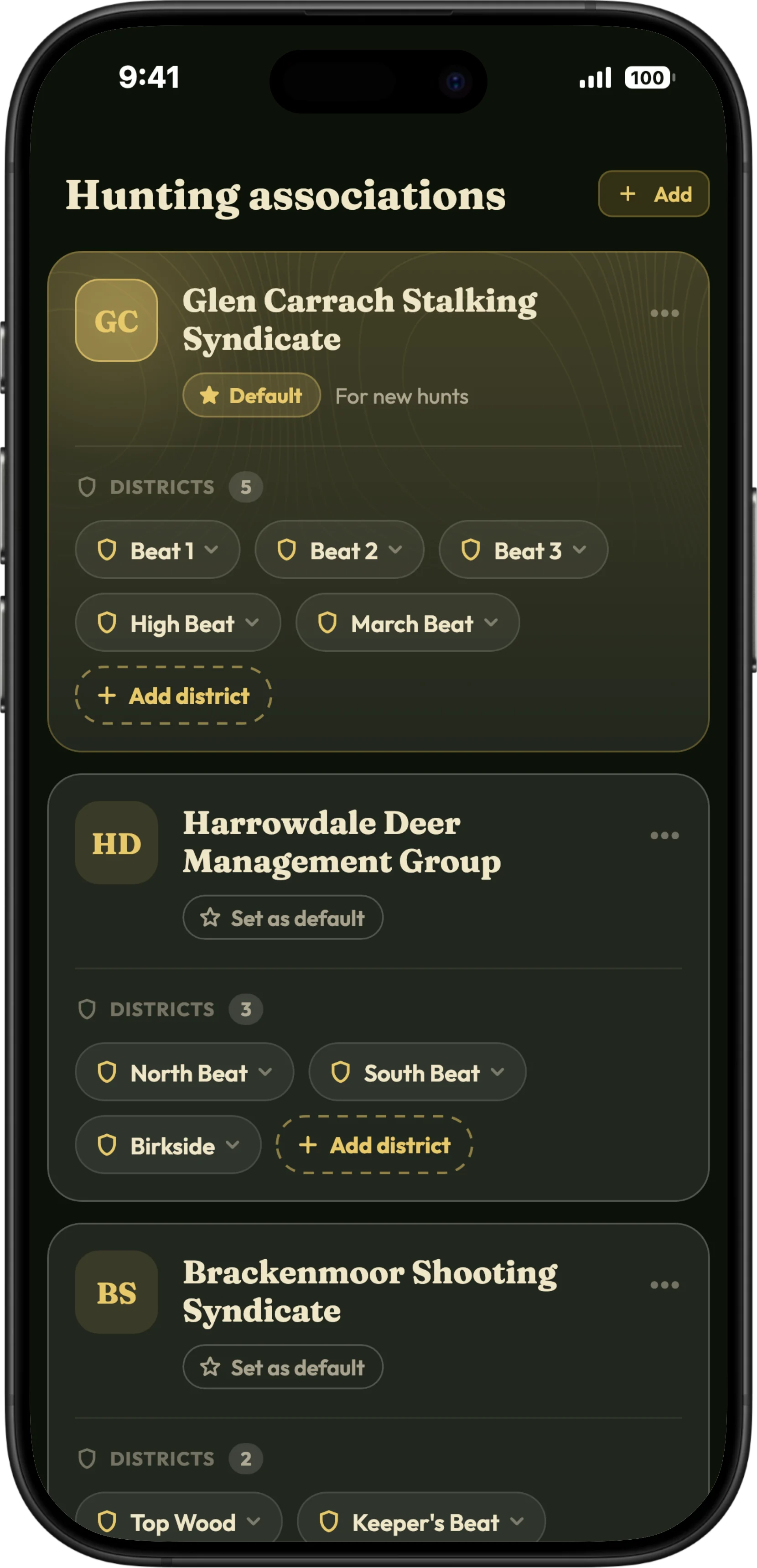 Jaktlag-skjermen i HunTracker på iPhone, hvert lag med sine jaktfelt