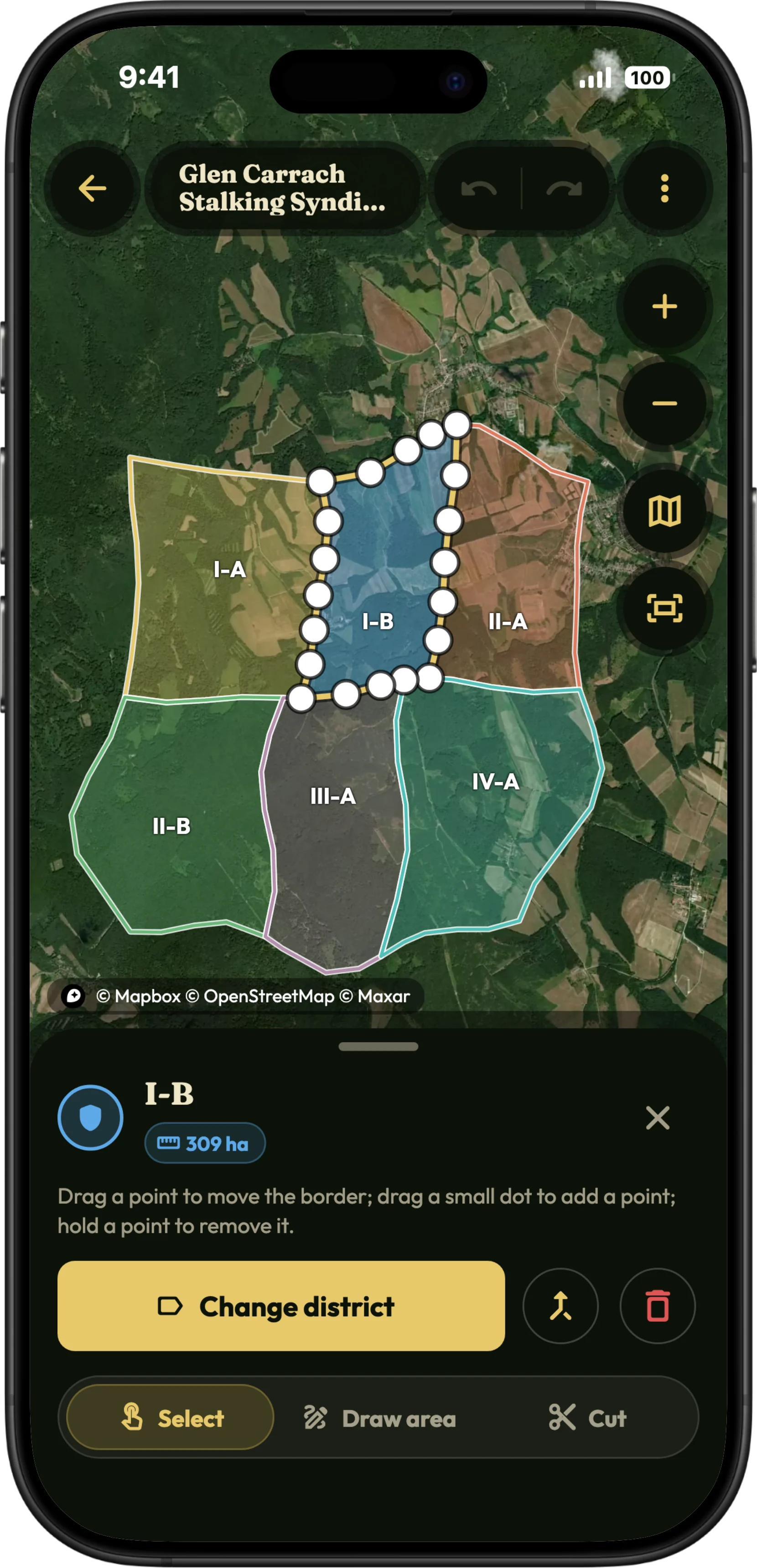 Der Jagdbezirkskarten-Editor in HunTracker auf einem iPhone, das Revier auf dem Satellitenbild in Jagdbezirke geteilt