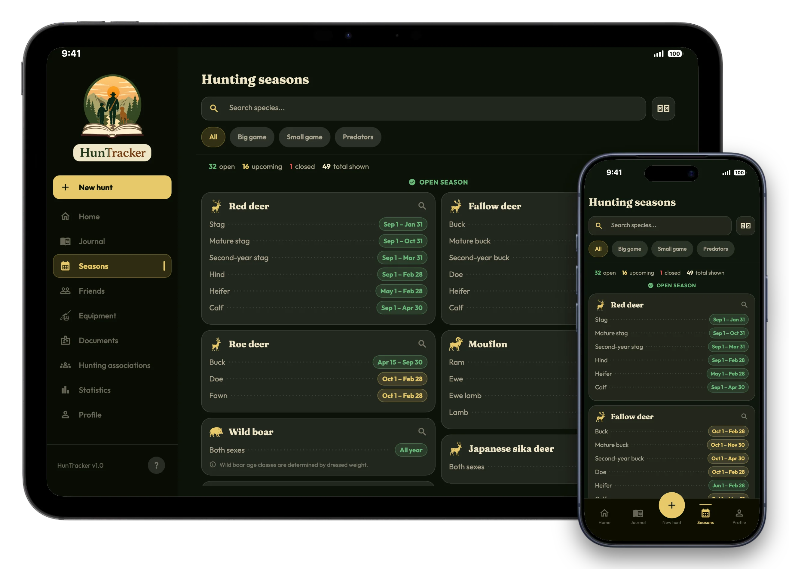 Der Jagdzeiten-Bildschirm von HunTracker auf einem iPad mit einem iPhone davor, mit Wildarten und ihren Jagdzeiten