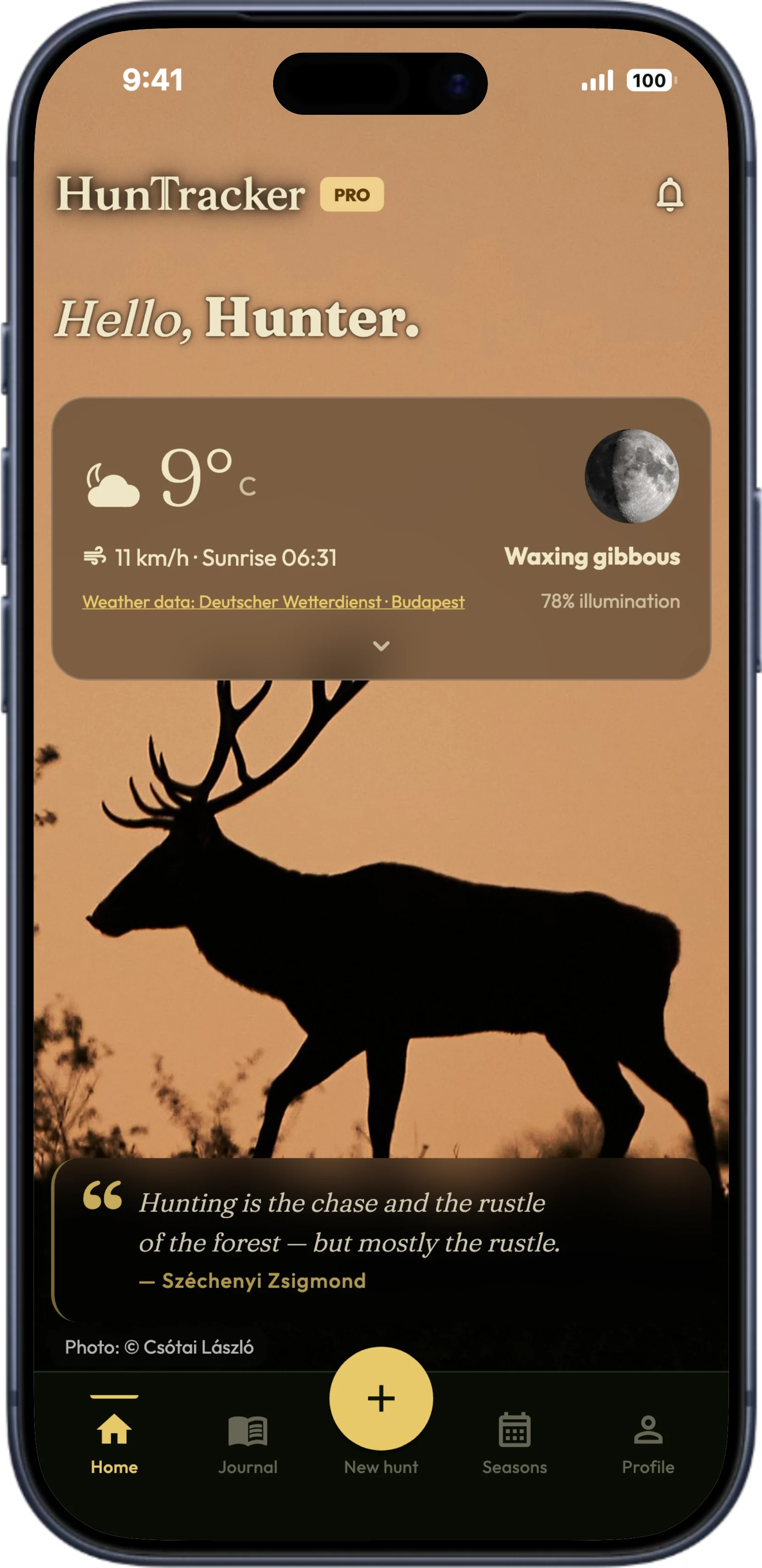Der Startbildschirm von HunTracker auf einem iPhone mit der aktuellen Jagdzeit und den letzten Jagden