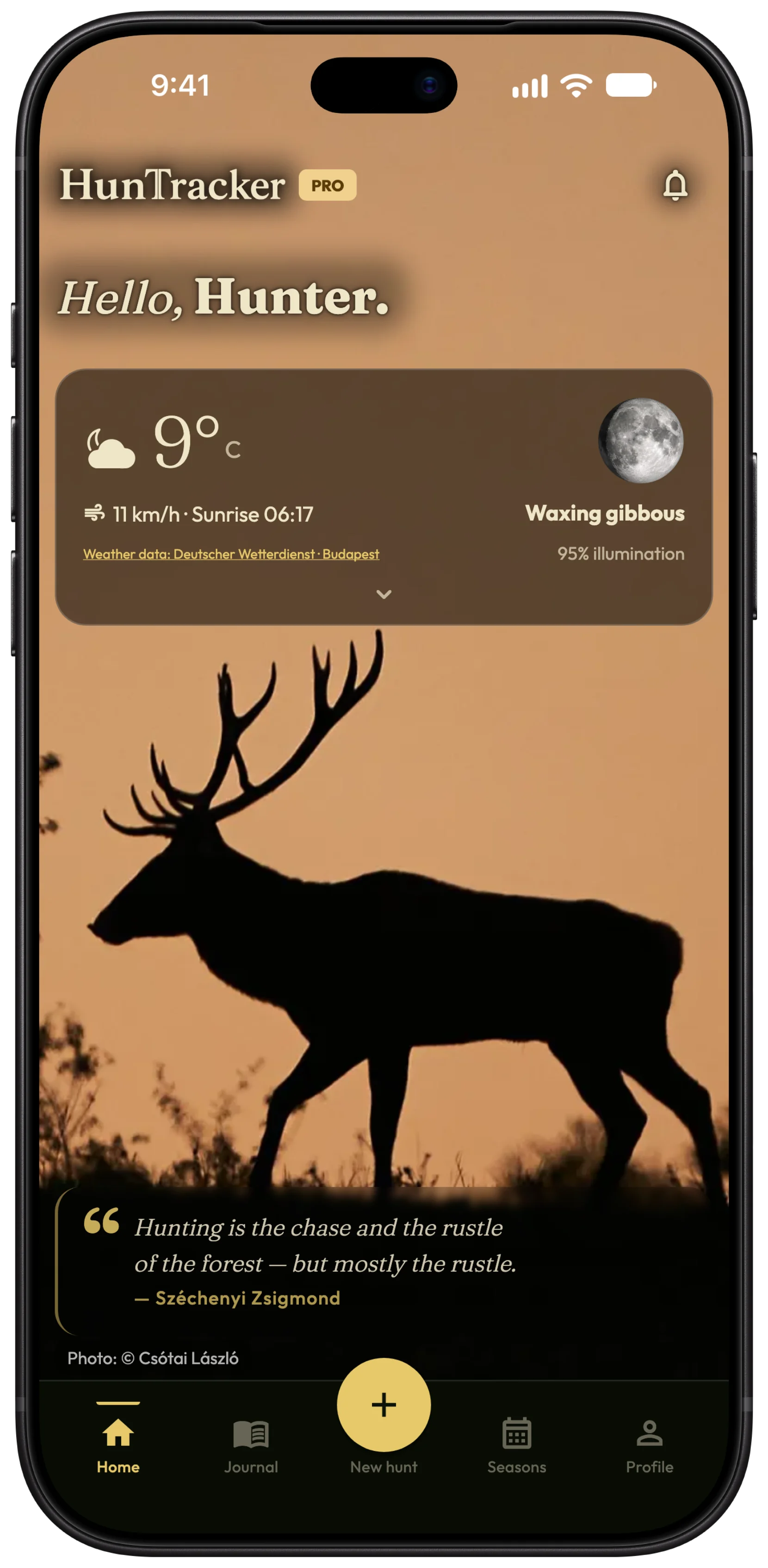 The HunTracker home screen on an iPhone, showing the current hunting season and recent hunts