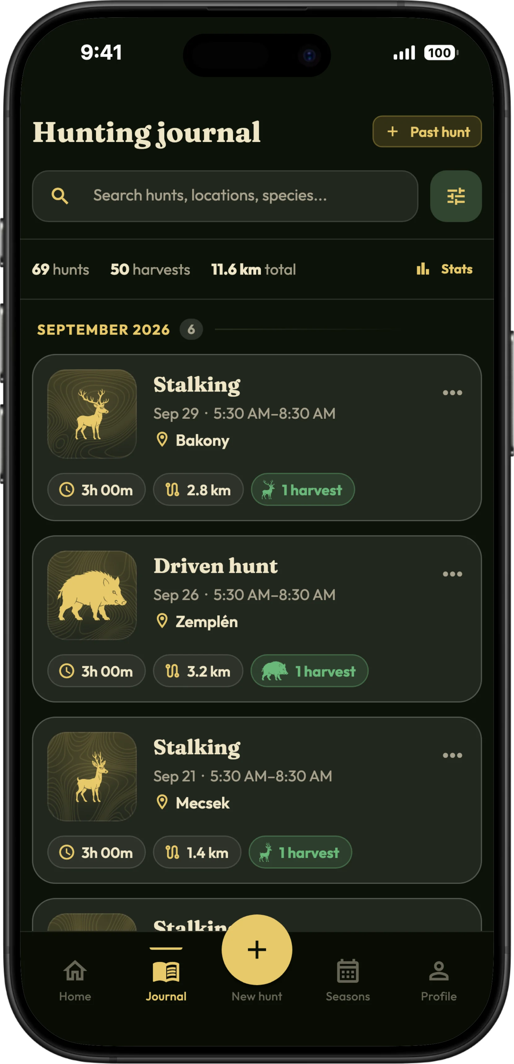 A hunt entry in the HunTracker hunting log on an iPhone, with its harvests and photographs