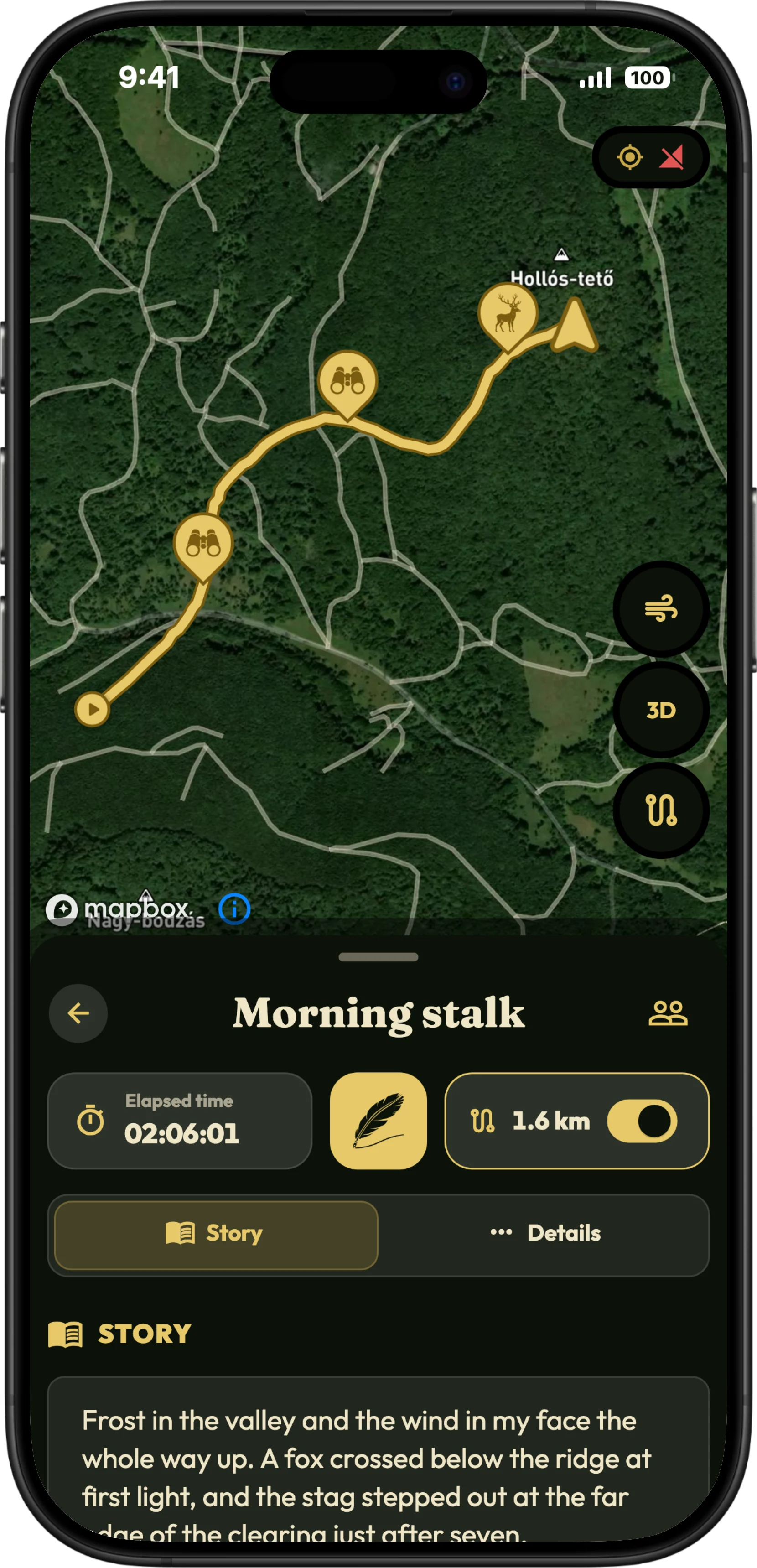 Un tracé de chasse enregistré sur la carte de HunTracker, avec les prélèvements marqués