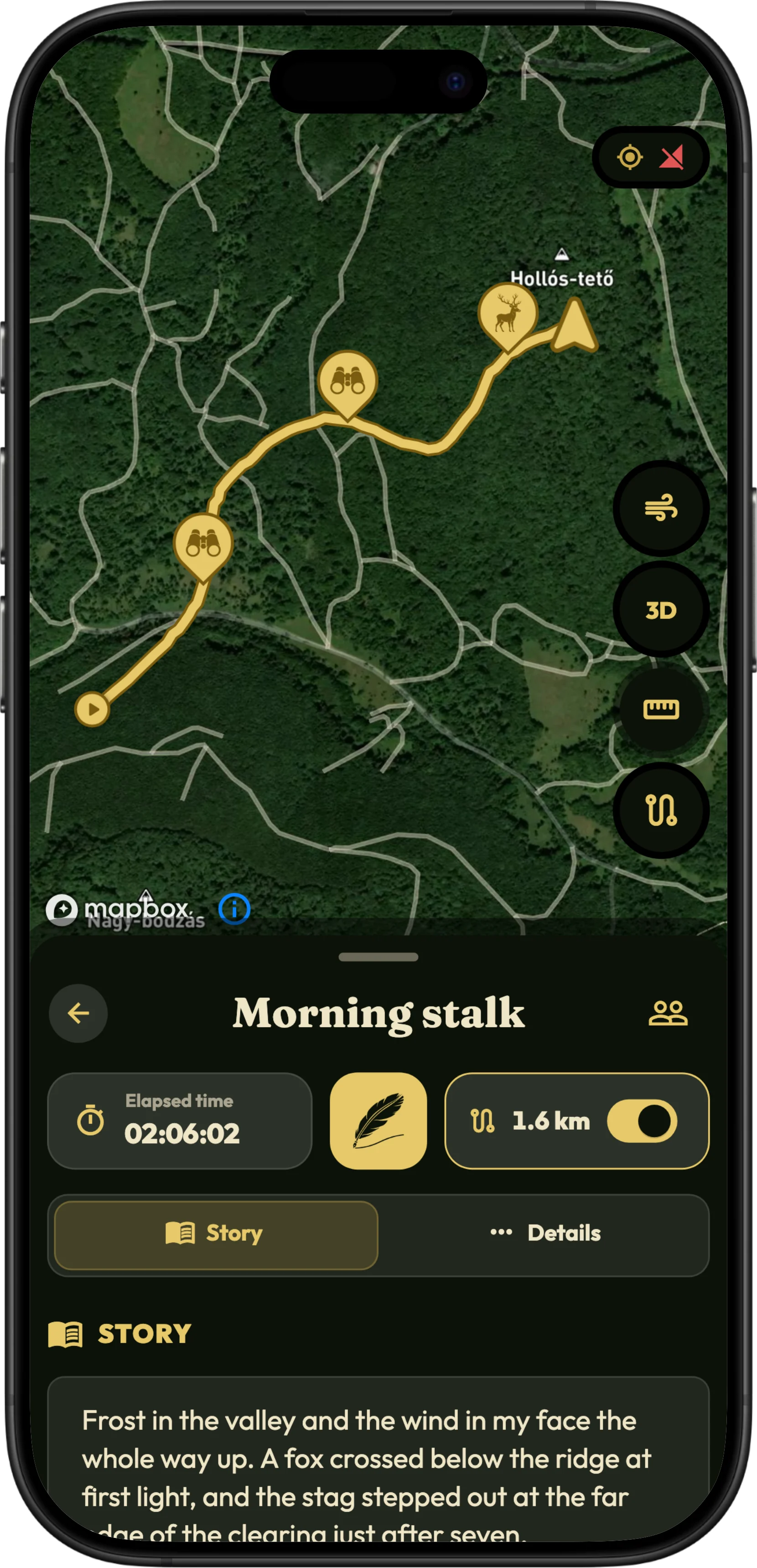 Записан ловен маршрут на картата в HunTracker, с отстрели по маршрута