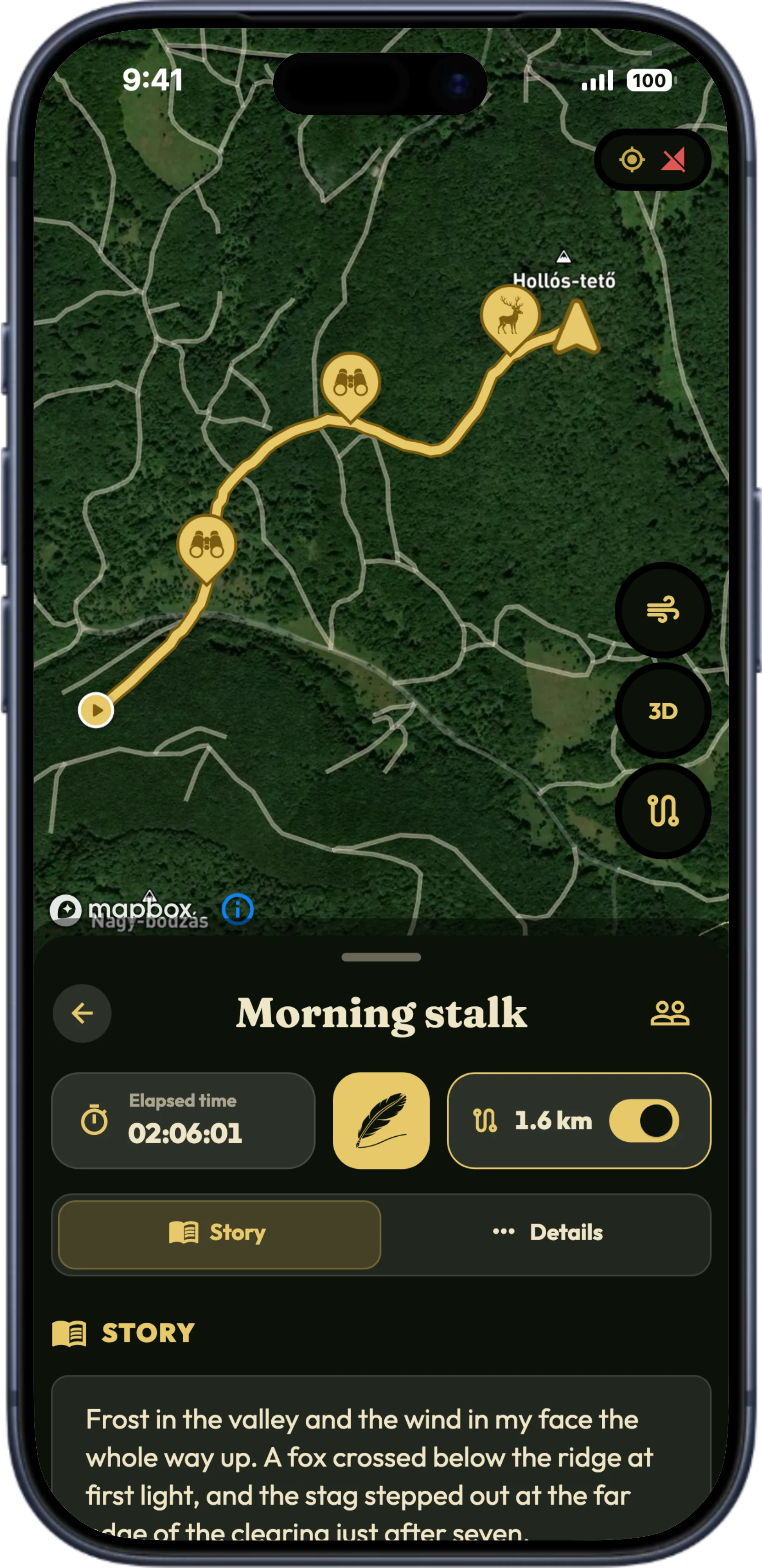 Zaznamenaná trasa lovu na mapě v HunTrackeru na iPhonu