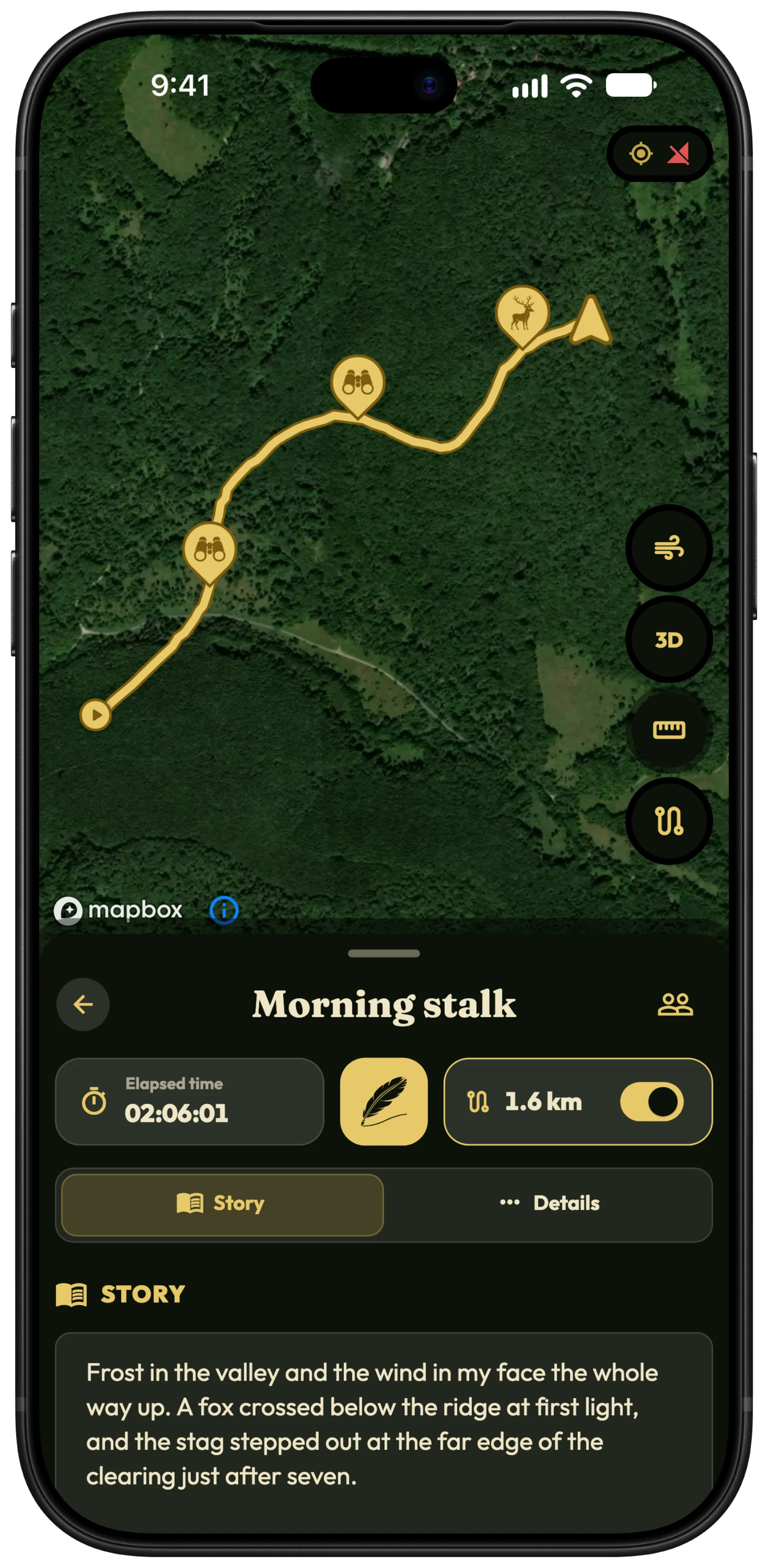 A recorded hunting path drawn on the map in HunTracker on an iPhone