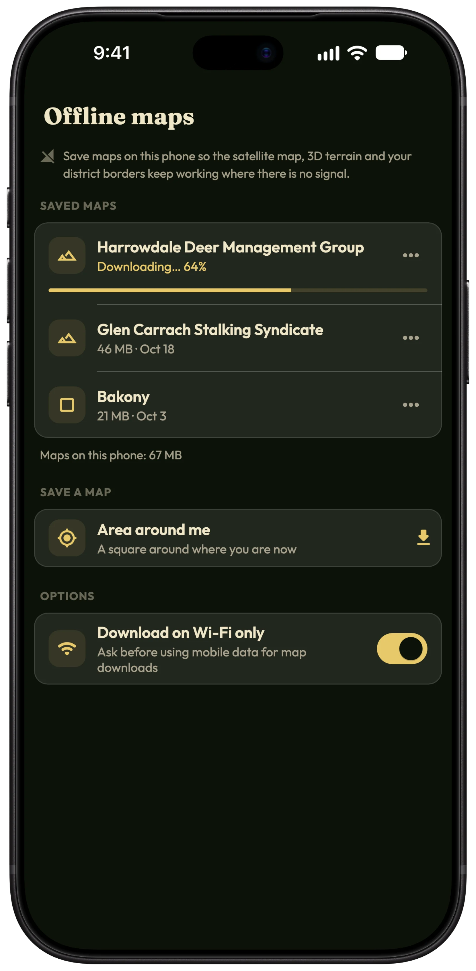 The Offline maps screen in HunTracker on an iPhone, with an association's districts and the area around a hunting place saved, and another map downloading