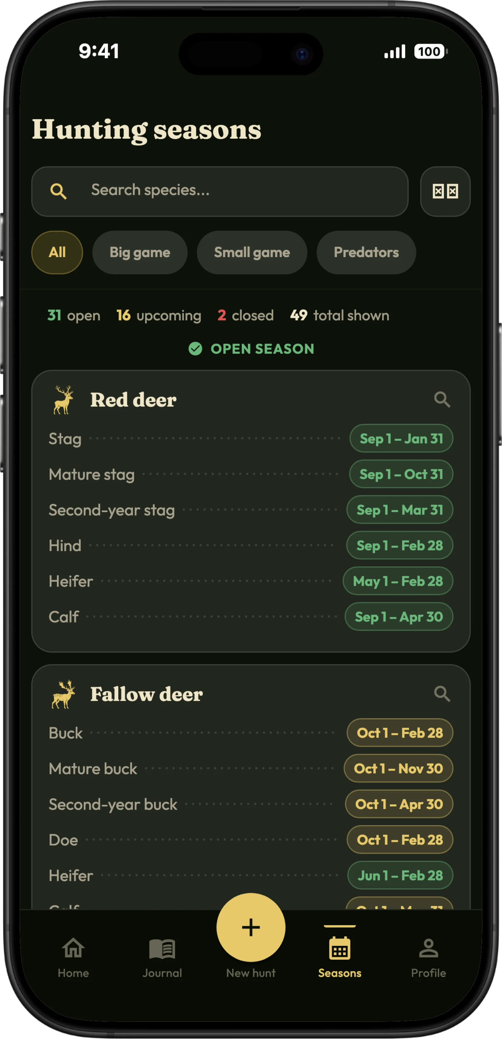 L'écran des dates de chasse dans HunTracker, avec les espèces et leurs périodes