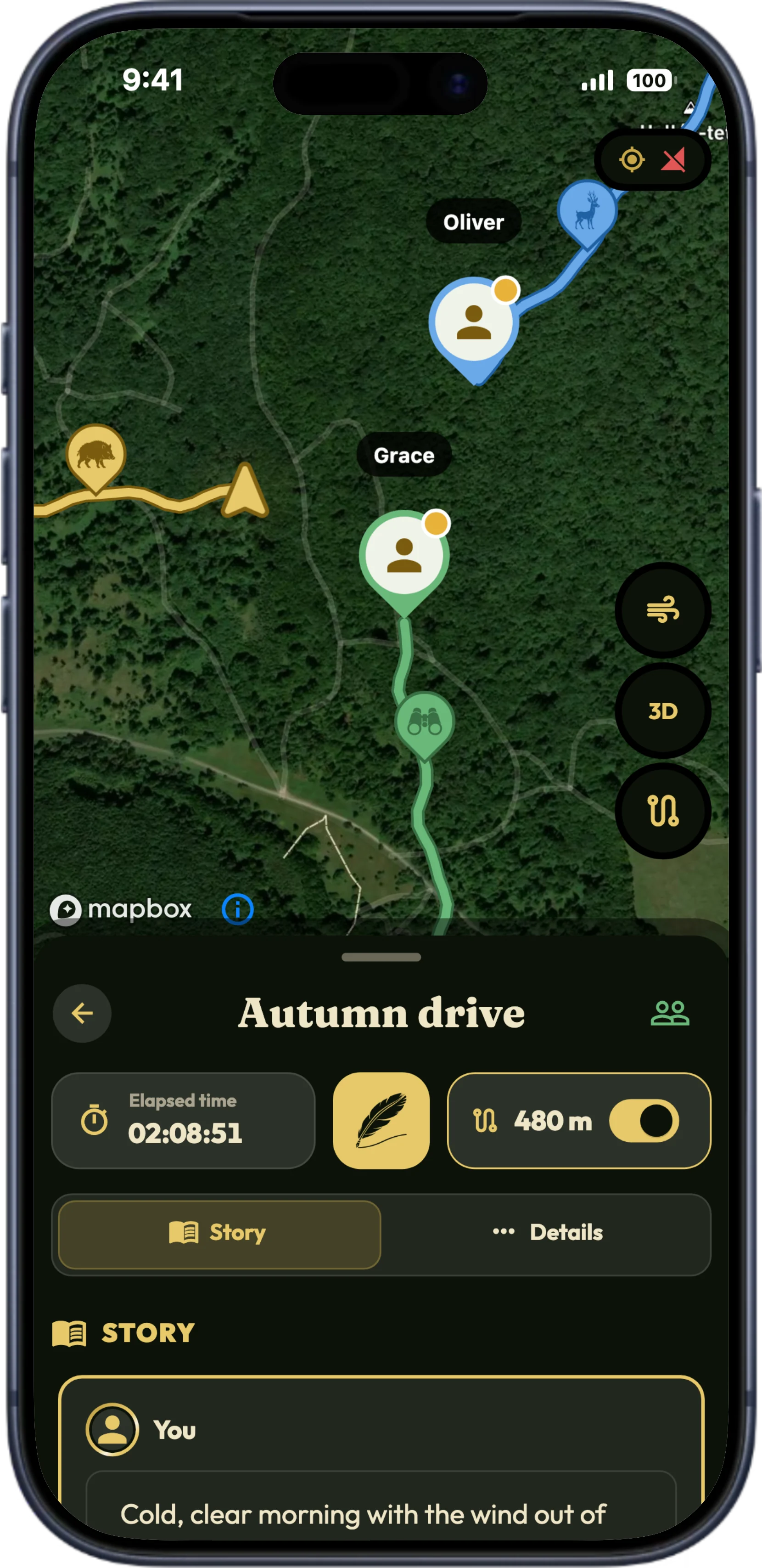 Eine mit Freunden geteilte Jagd in HunTracker, alle auf einer Karte
