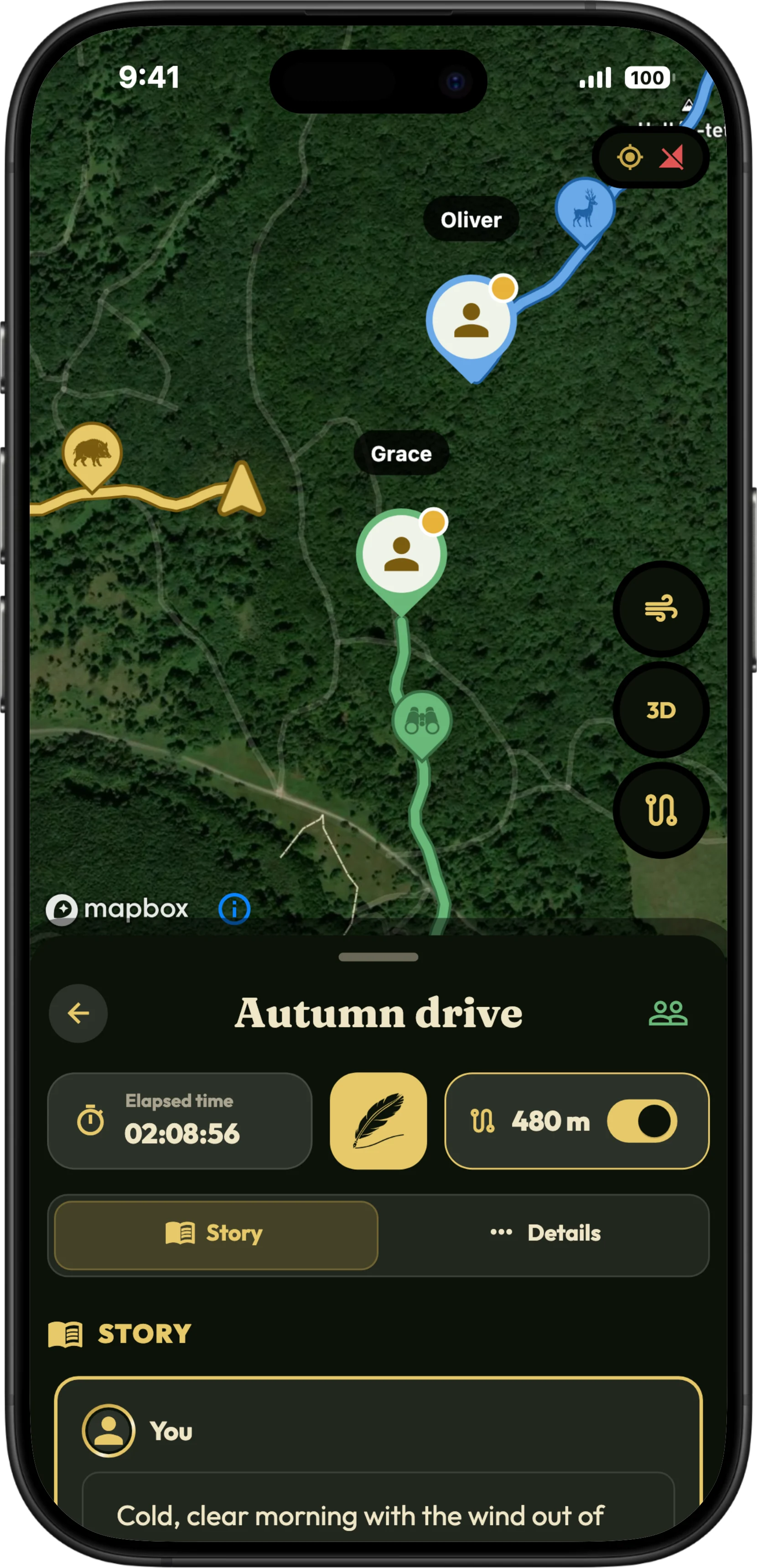 Una cacería compartida con amigos en HunTracker, con todos los cazadores en un mapa