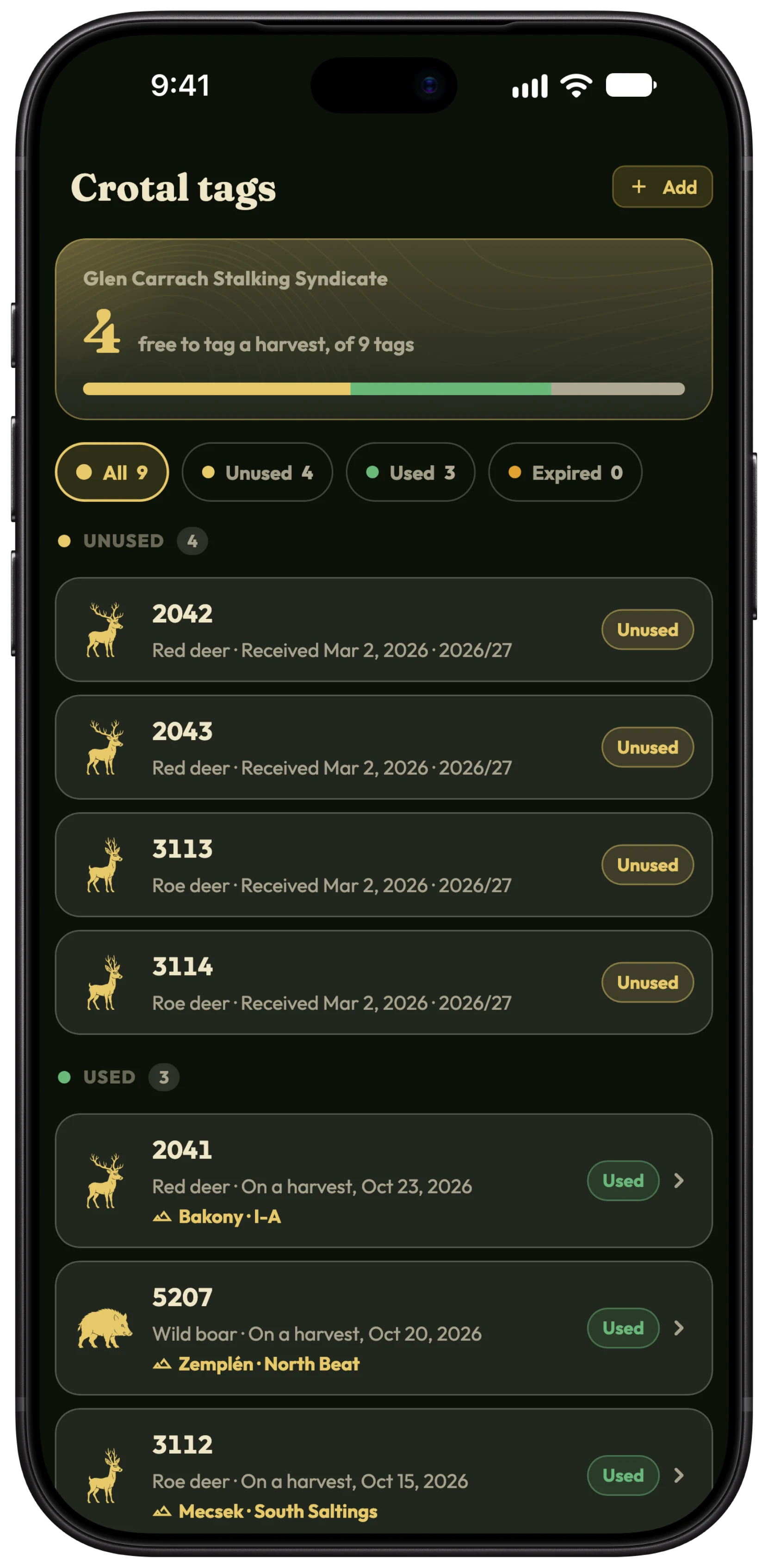 The crotal tags screen in HunTracker on an iPhone, with unused tags and the ones used on harvests