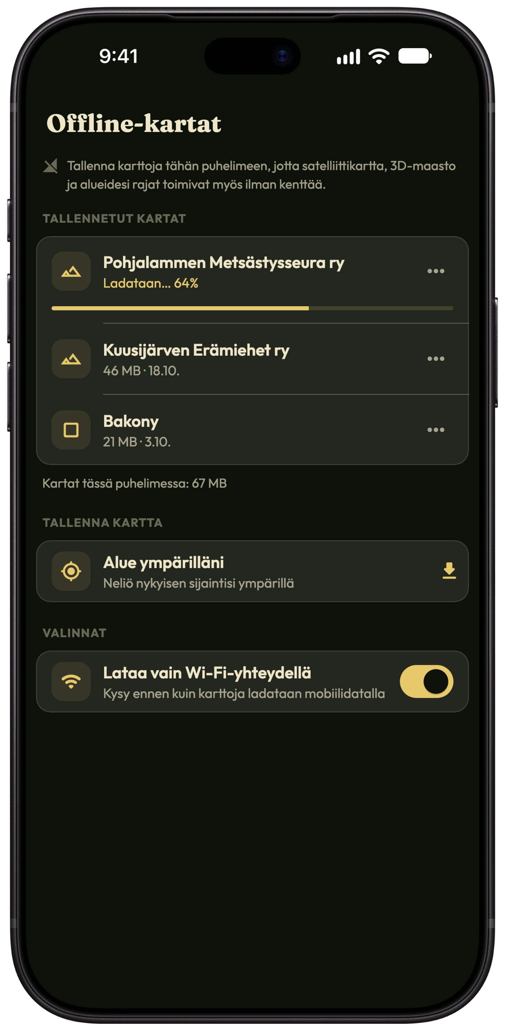 HunTrackerin Offline-kartat-näyttö iPhonella: seuran alueet ja metsästyspaikan ympäristö tallennettuina, toinen kartta latautumassa