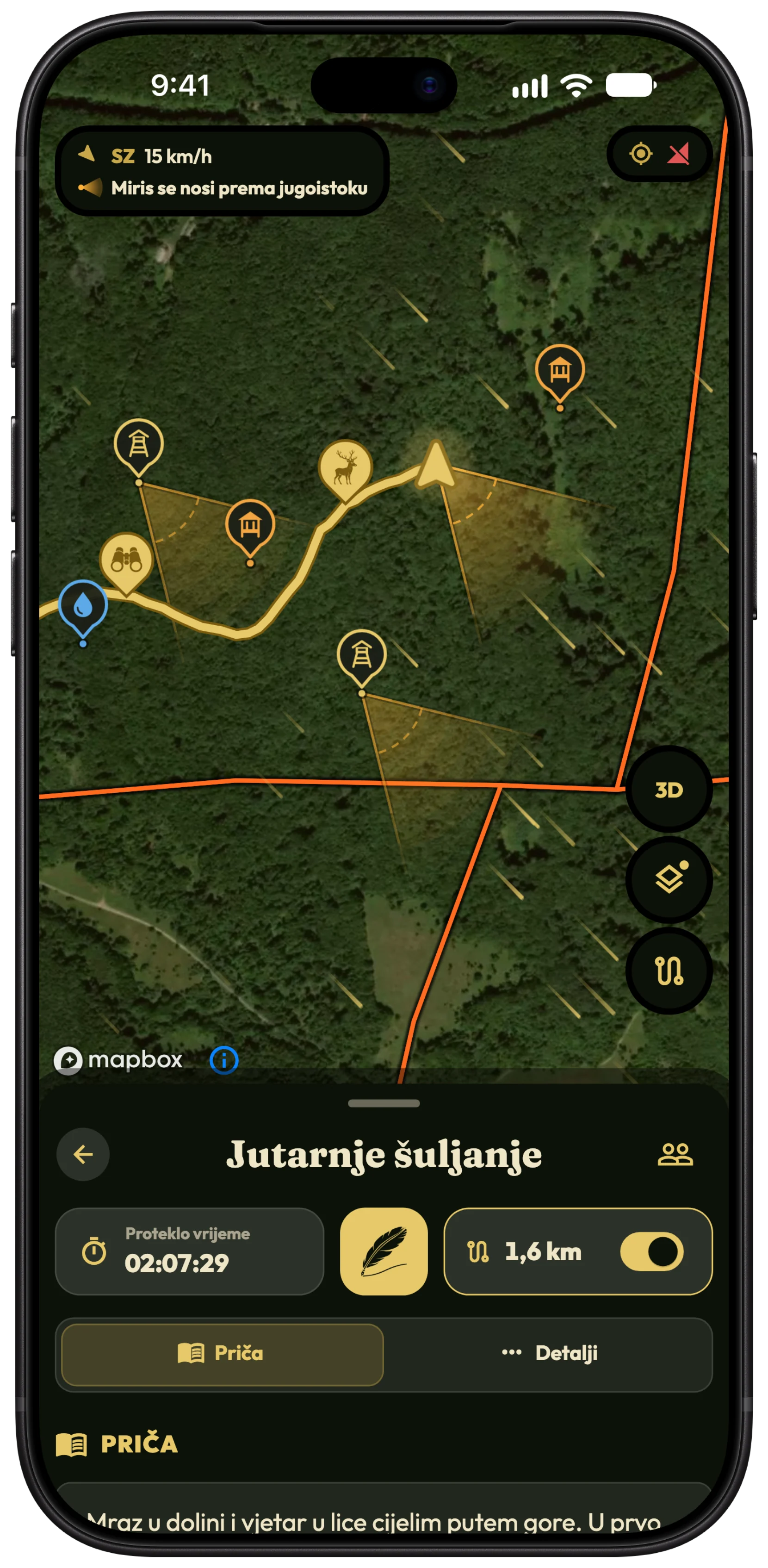 Karta lova u aplikaciji HunTracker na iPhoneu s jantarnim stošcima mirisa koji od lovca i dviju čeka idu prema jugoistoku, sa strujnicama vjetra i očitanjem vjetra