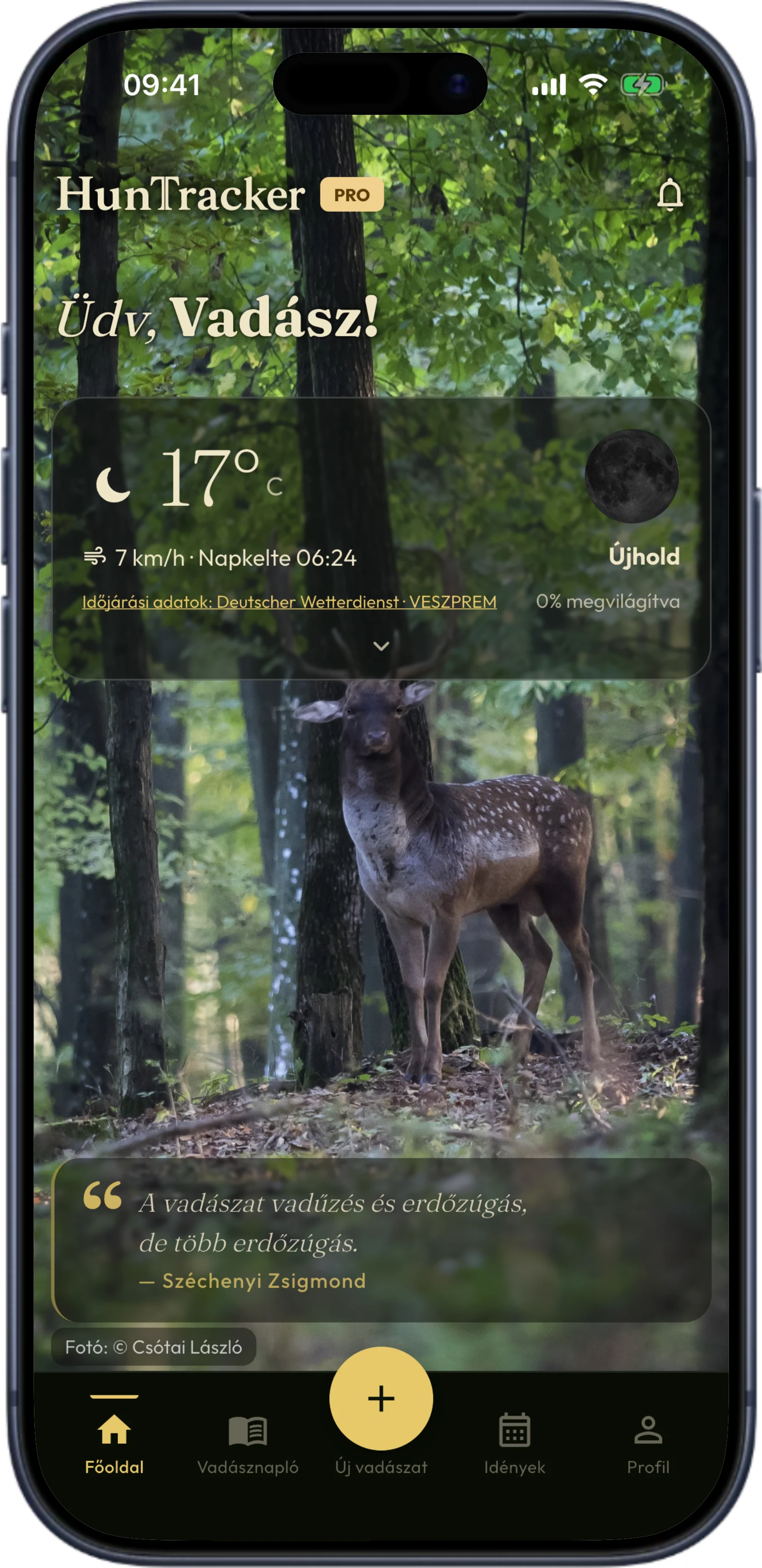 A HunTracker kezdőképernyője iPhone-on, az aktuális vadászidénnyel és a legutóbbi vadászatokkal