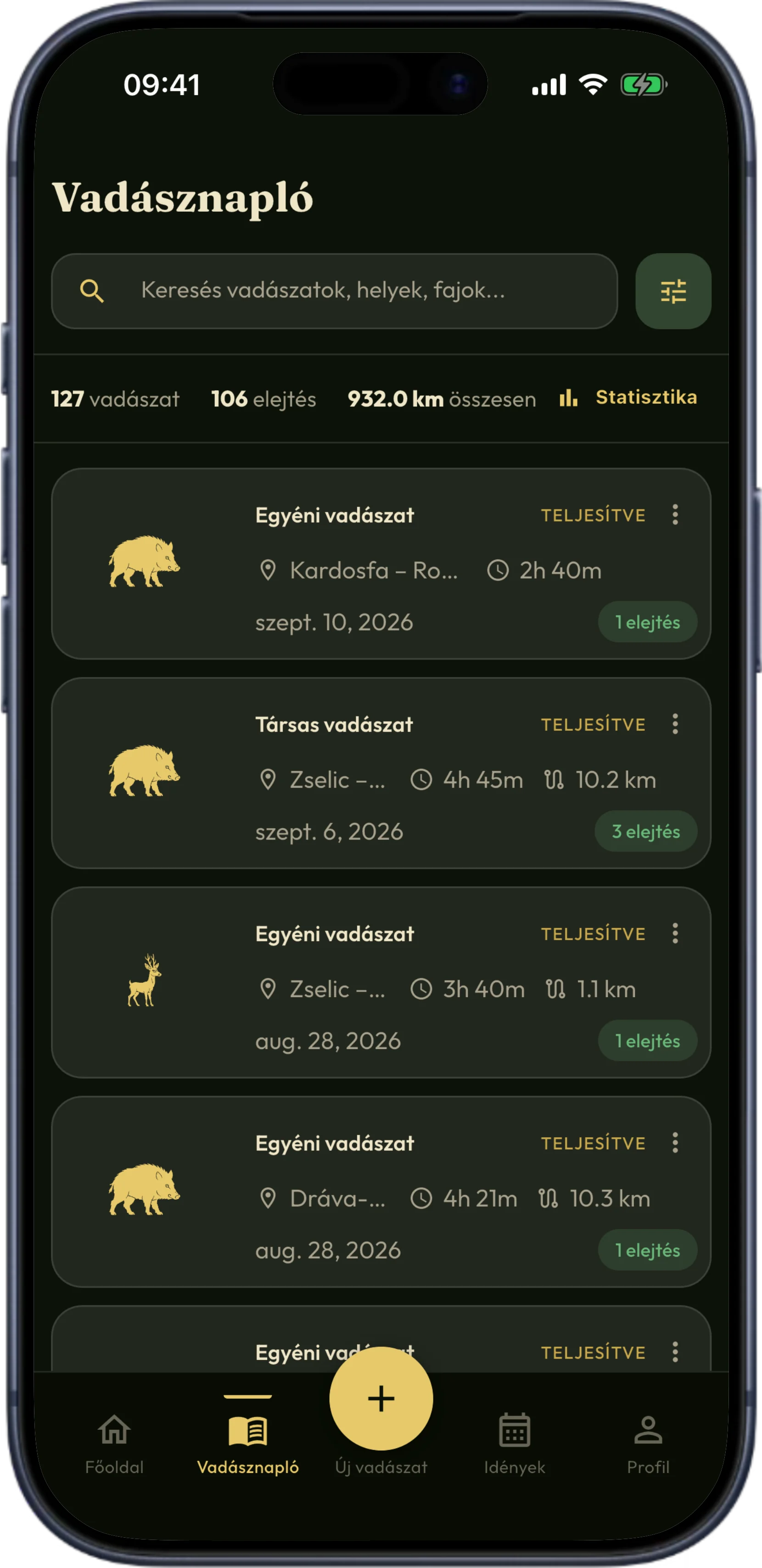 Egy vadászat bejegyzése a HunTrackerben iPhone-on, az eseményeivel és fotóival