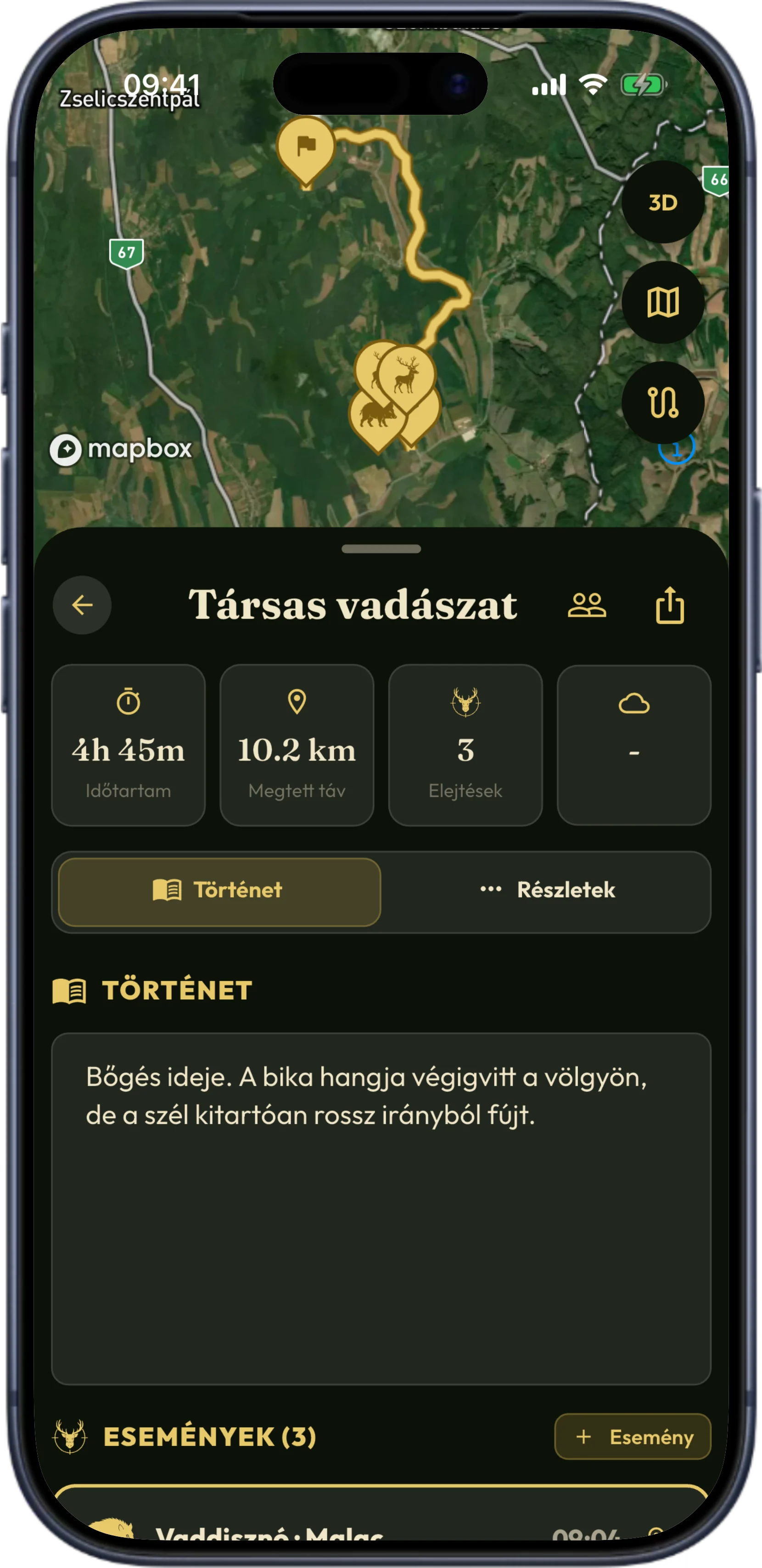 Rögzített vadászati nyomvonal a térképen a HunTrackerben, iPhone-on