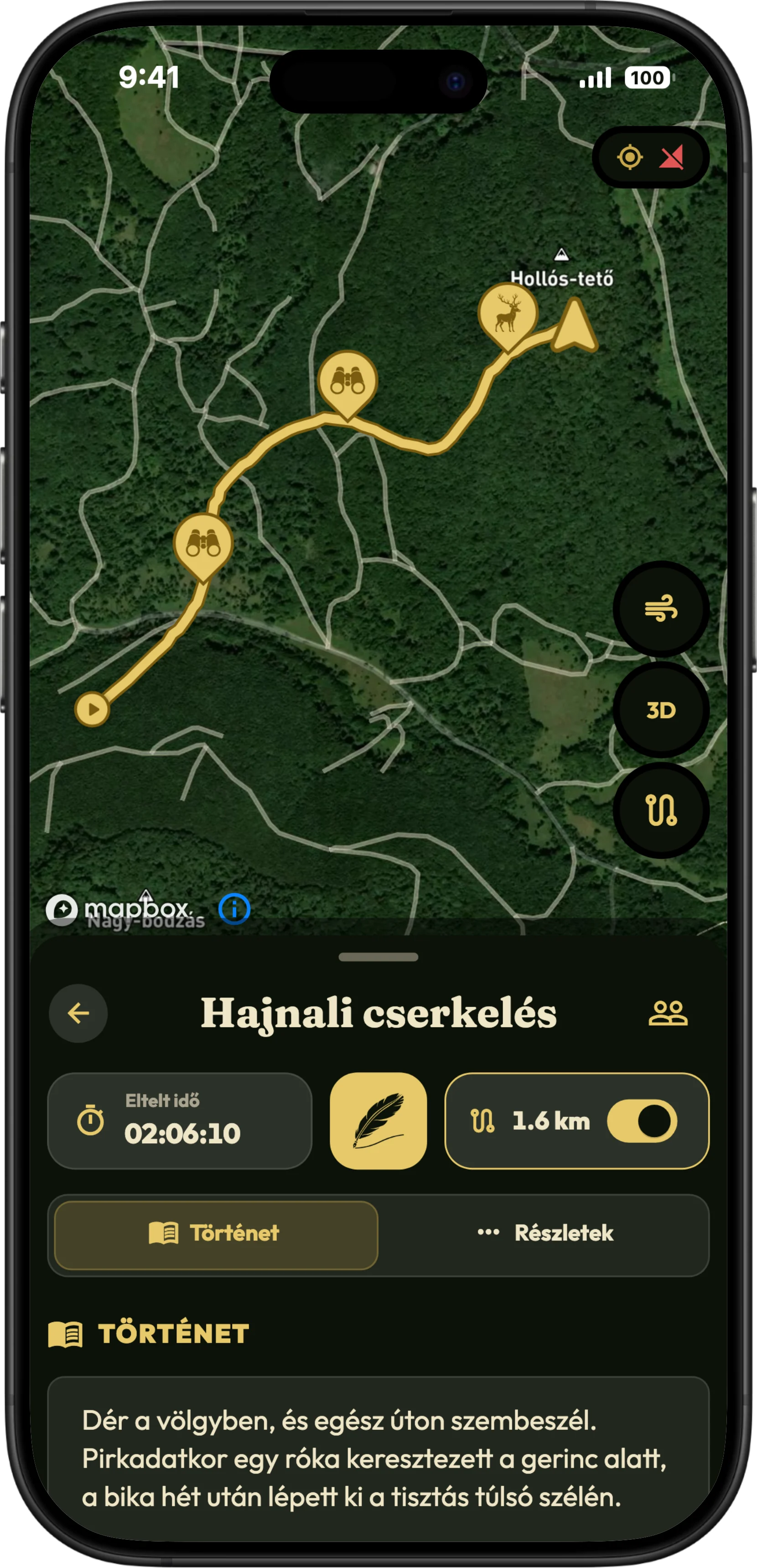 Rögzített vadászati nyomvonal a HunTracker térképén, mentén a megjelölt elejtésekkel