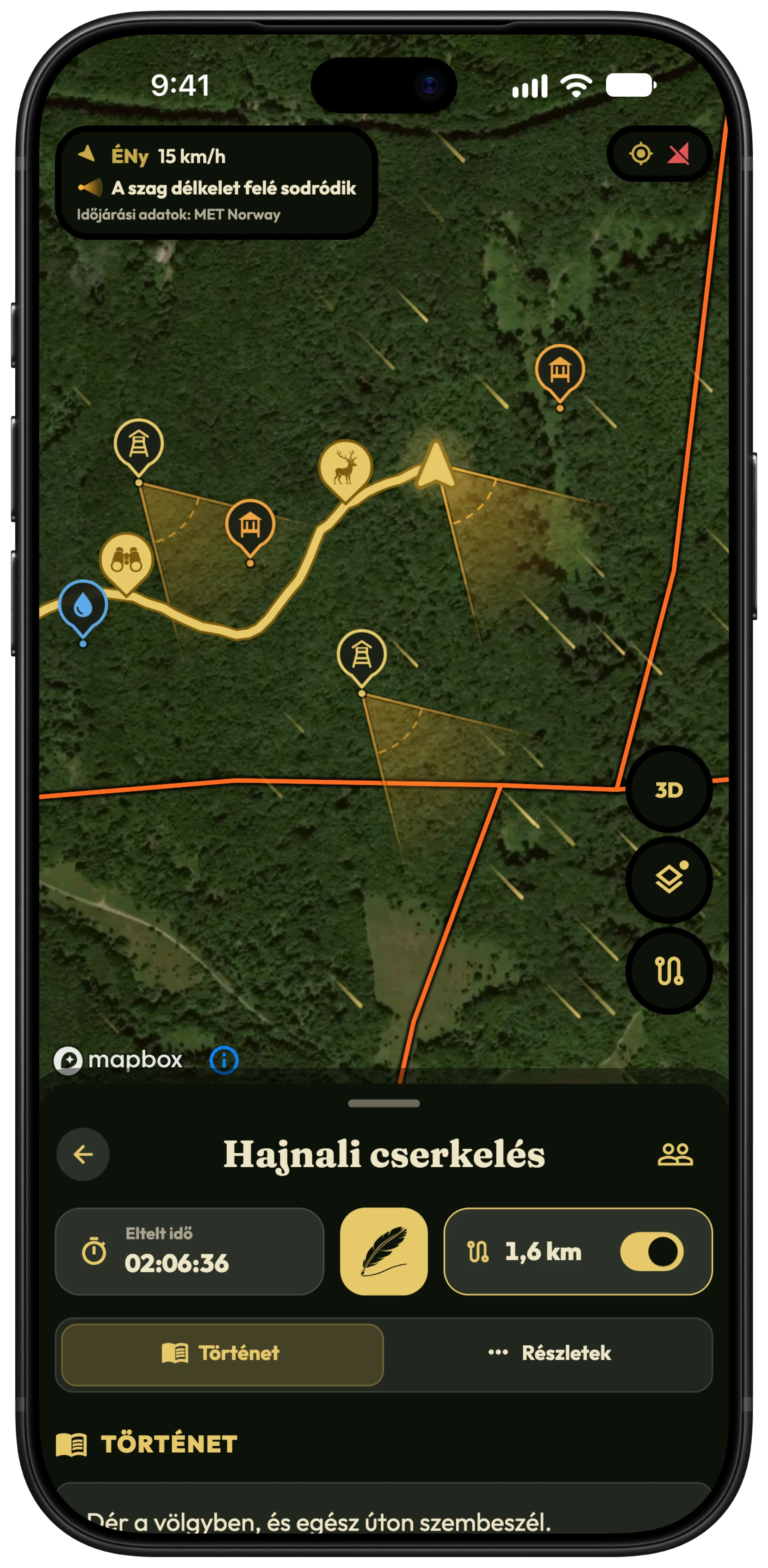A vadászat térképe a HunTrackerben iPhone-on, borostyánszínű szagkúpokkal, amelyek a vadásztól és két lestől délkelet felé sodródnak, szélcsíkokkal és a szél kijelzőjével