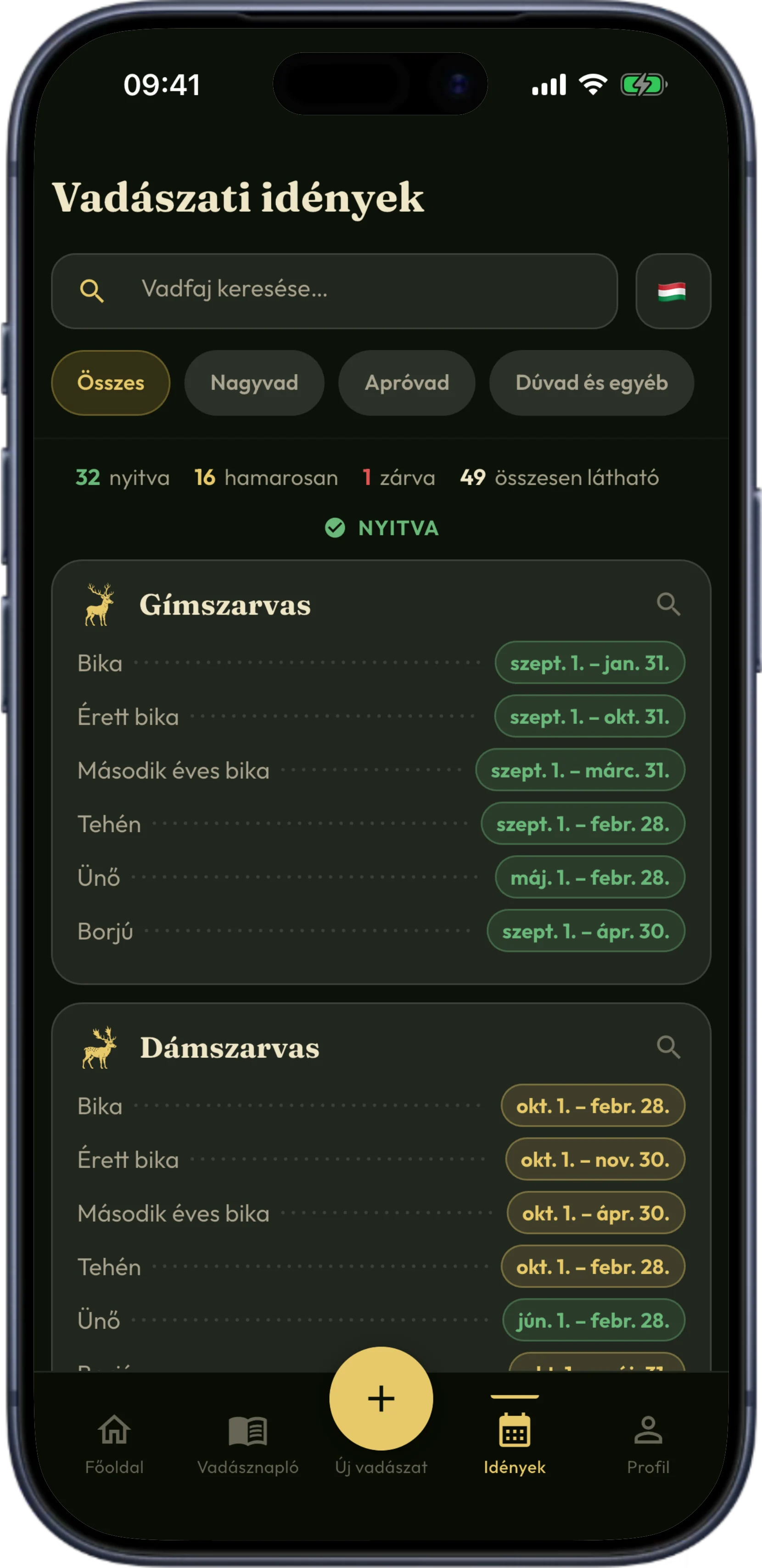 A vadászidények képernyő a HunTrackerben iPhone-on, fajokkal és az idényeik dátumaival