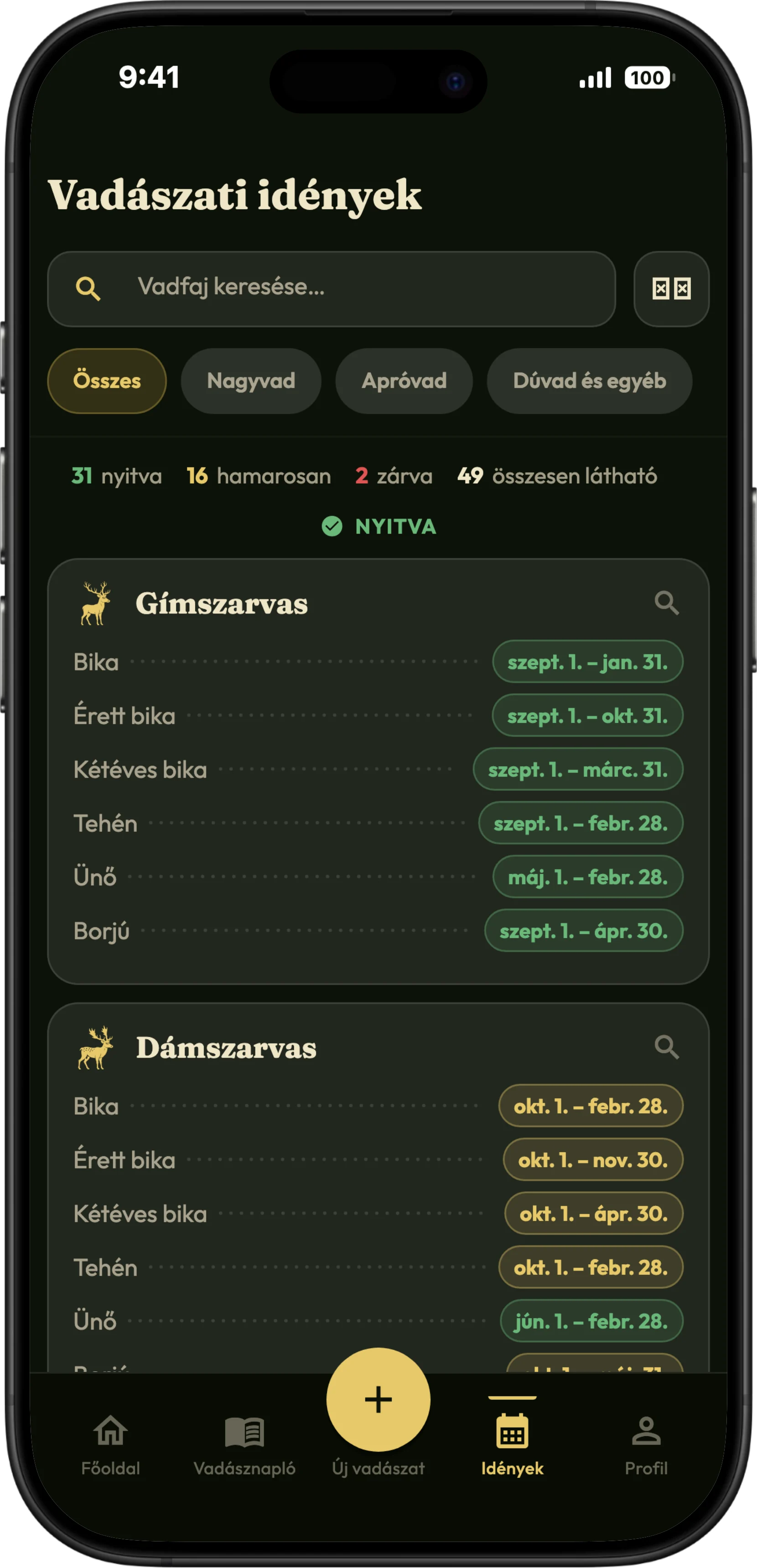 A vadászidények képernyő a HunTrackerben, vadfajokkal és az idényeikkel