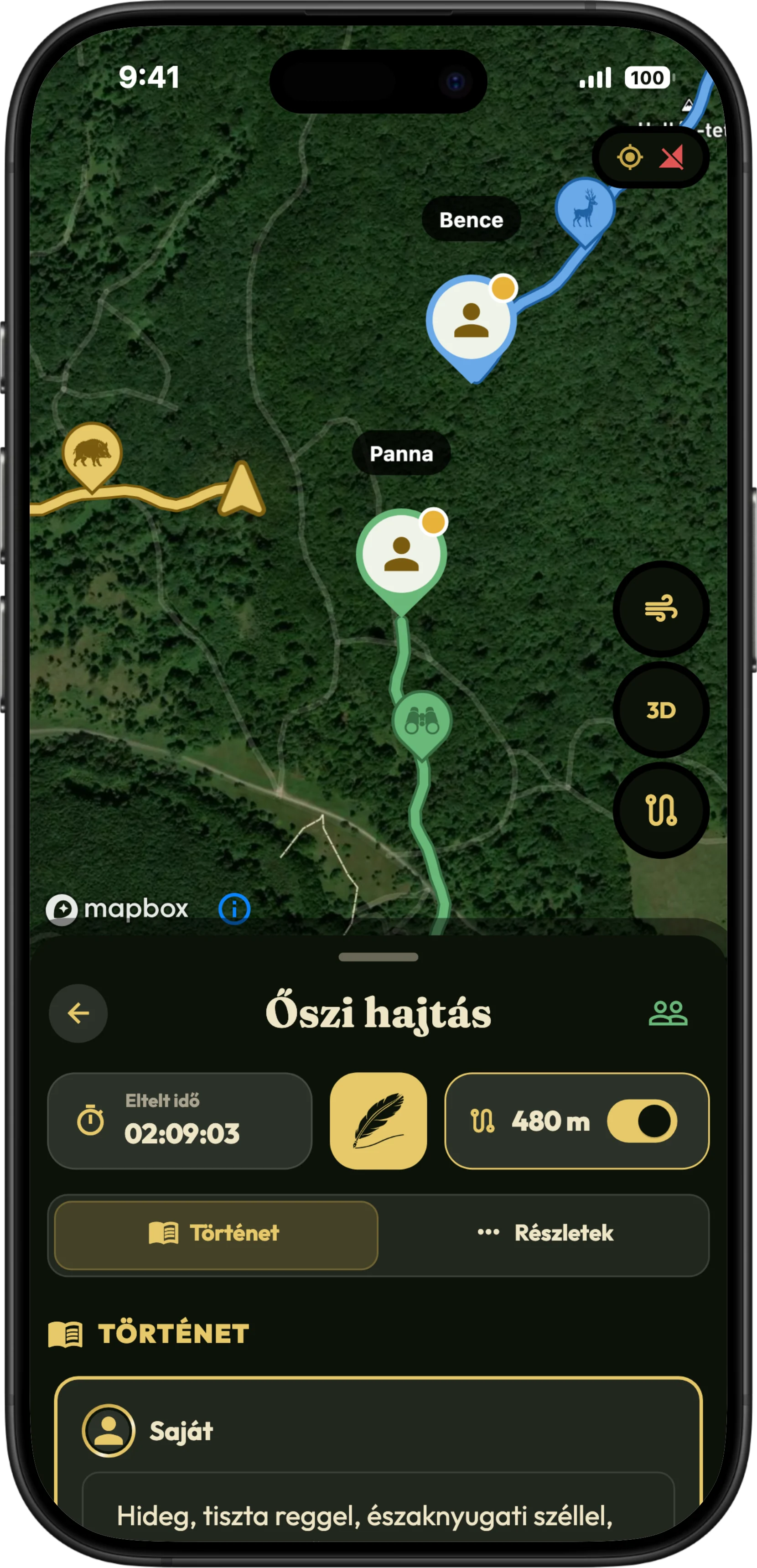 Barátokkal megosztott vadászat a HunTrackerben, minden vadásszal egy térképen