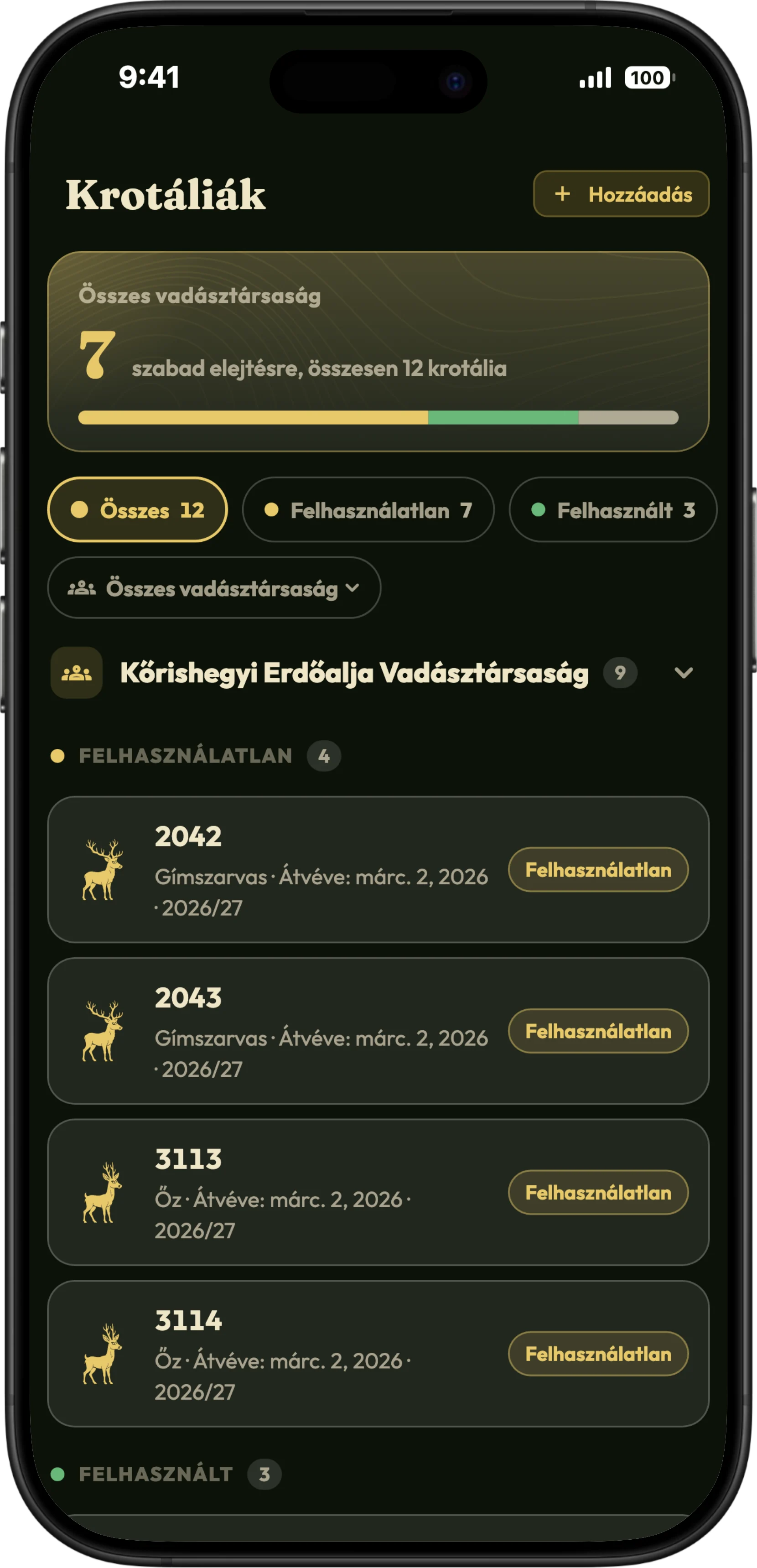 A krotáliák képernyő a HunTrackerben iPhone-on, a szabad és az elejtésekre felhasznált krotáliákkal