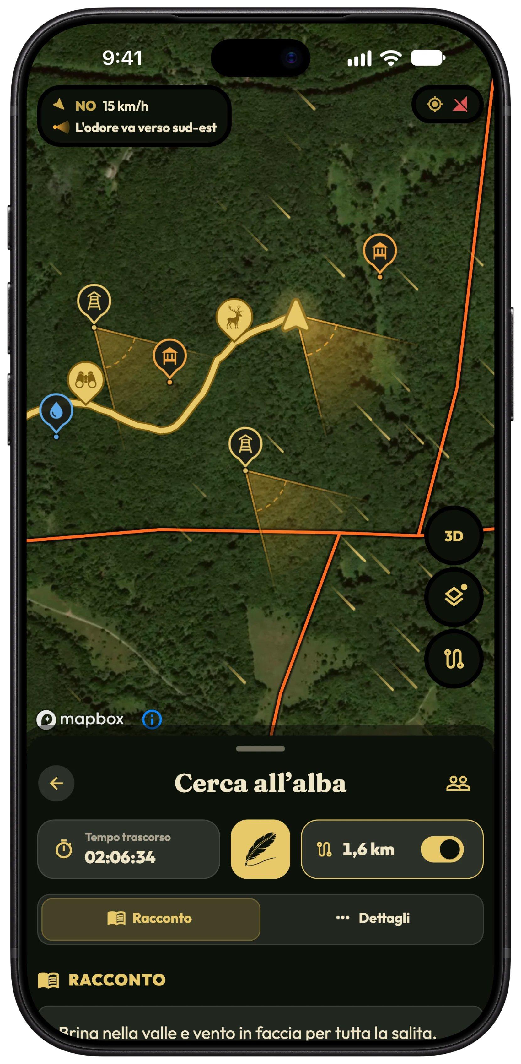 La mappa della battuta di HunTracker su un iPhone, con coni dell'odore ambra che si spostano verso sud-est dal cacciatore e da due altane, scie del vento e l'indicazione del vento