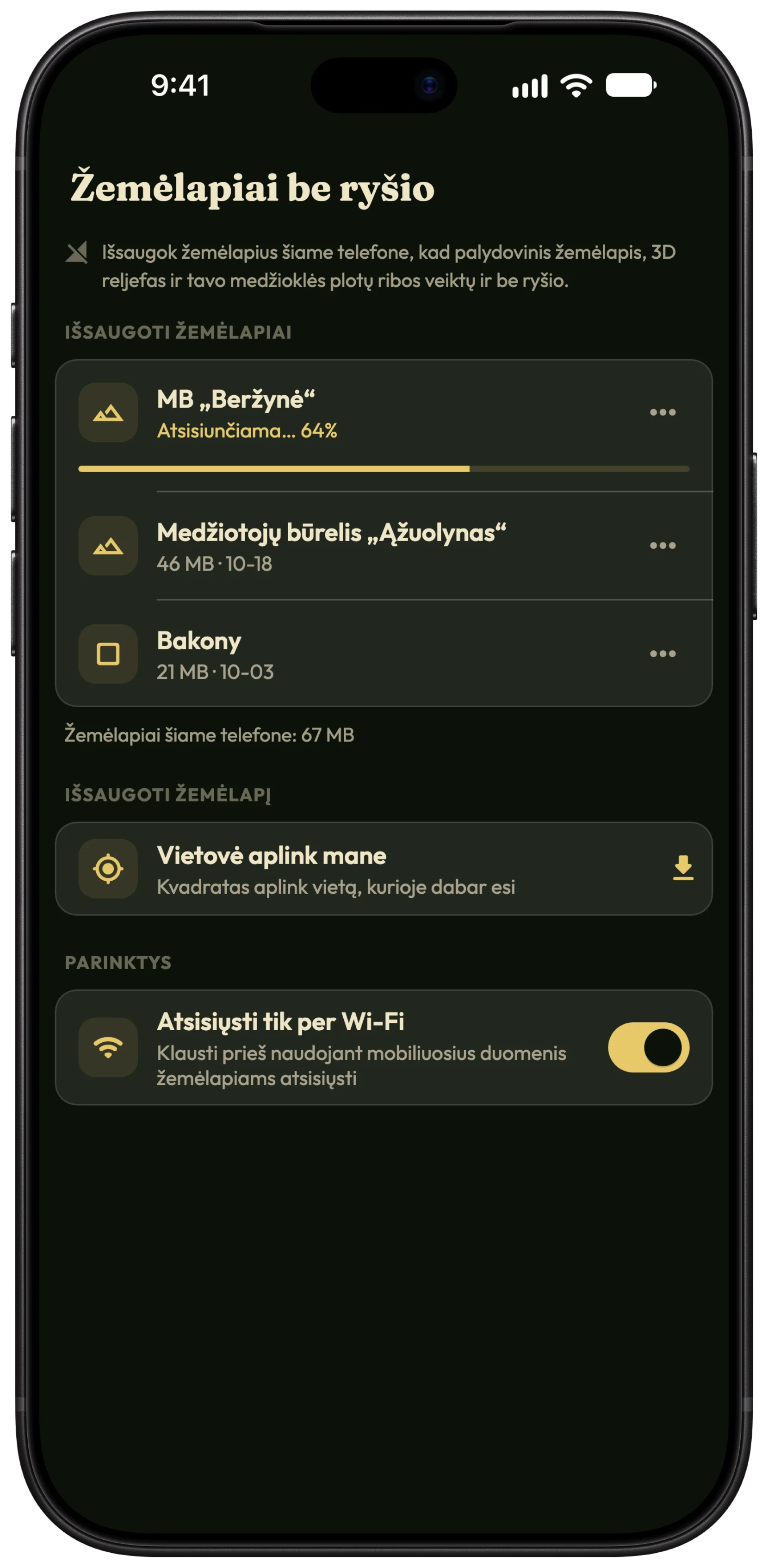 Ekranas Žemėlapiai be ryšio HunTracker iPhone telefone: draugijos medžioklės plotai ir apylinkės aplink medžioklės vietą išsaugoti, kitas žemėlapis siunčiamas
