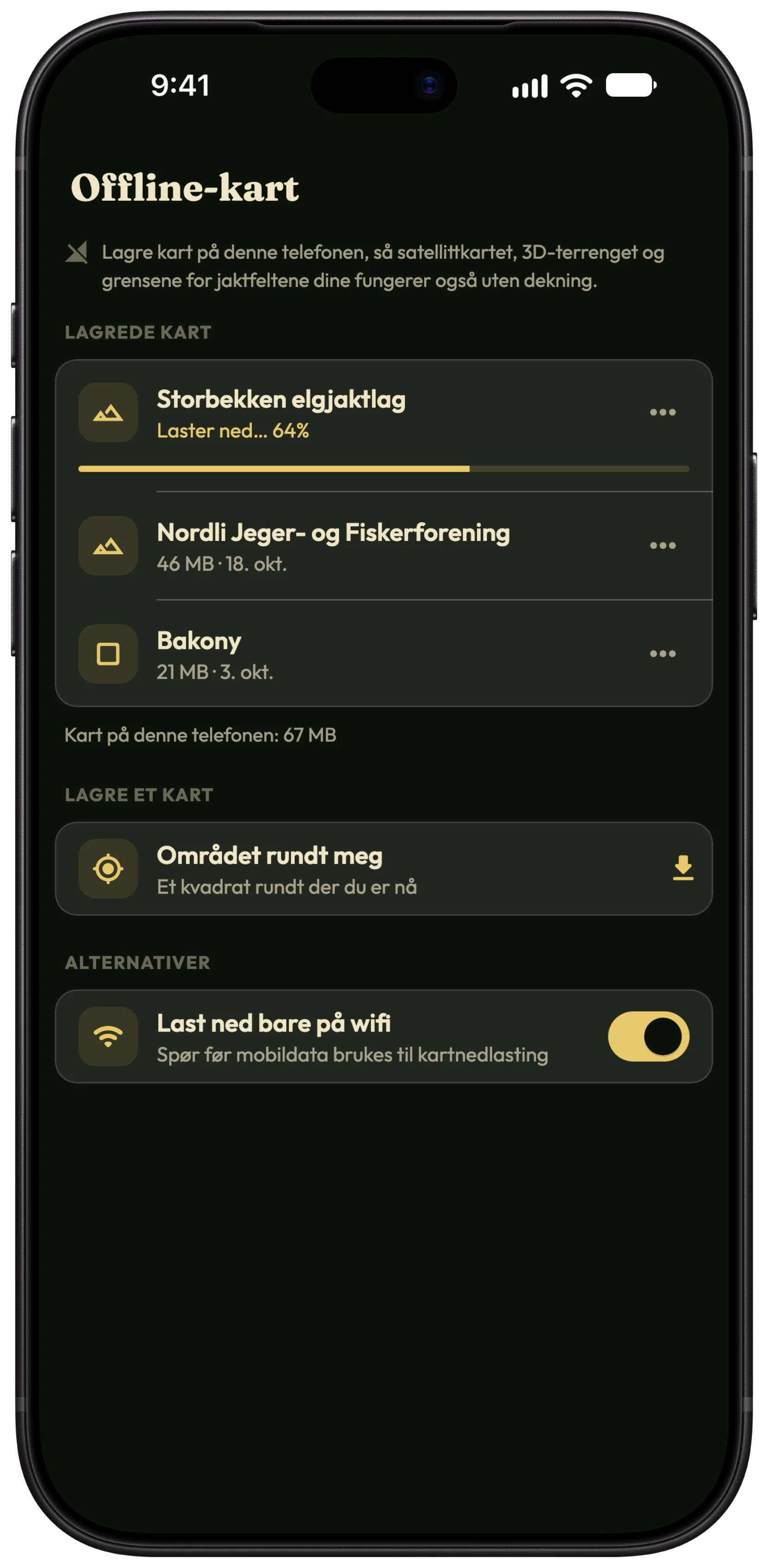 Offline-kart-skjermen i HunTracker på en iPhone, med jaktfeltene til et jaktlag og området rundt et jaktsted lagret og et annet kart som lastes ned