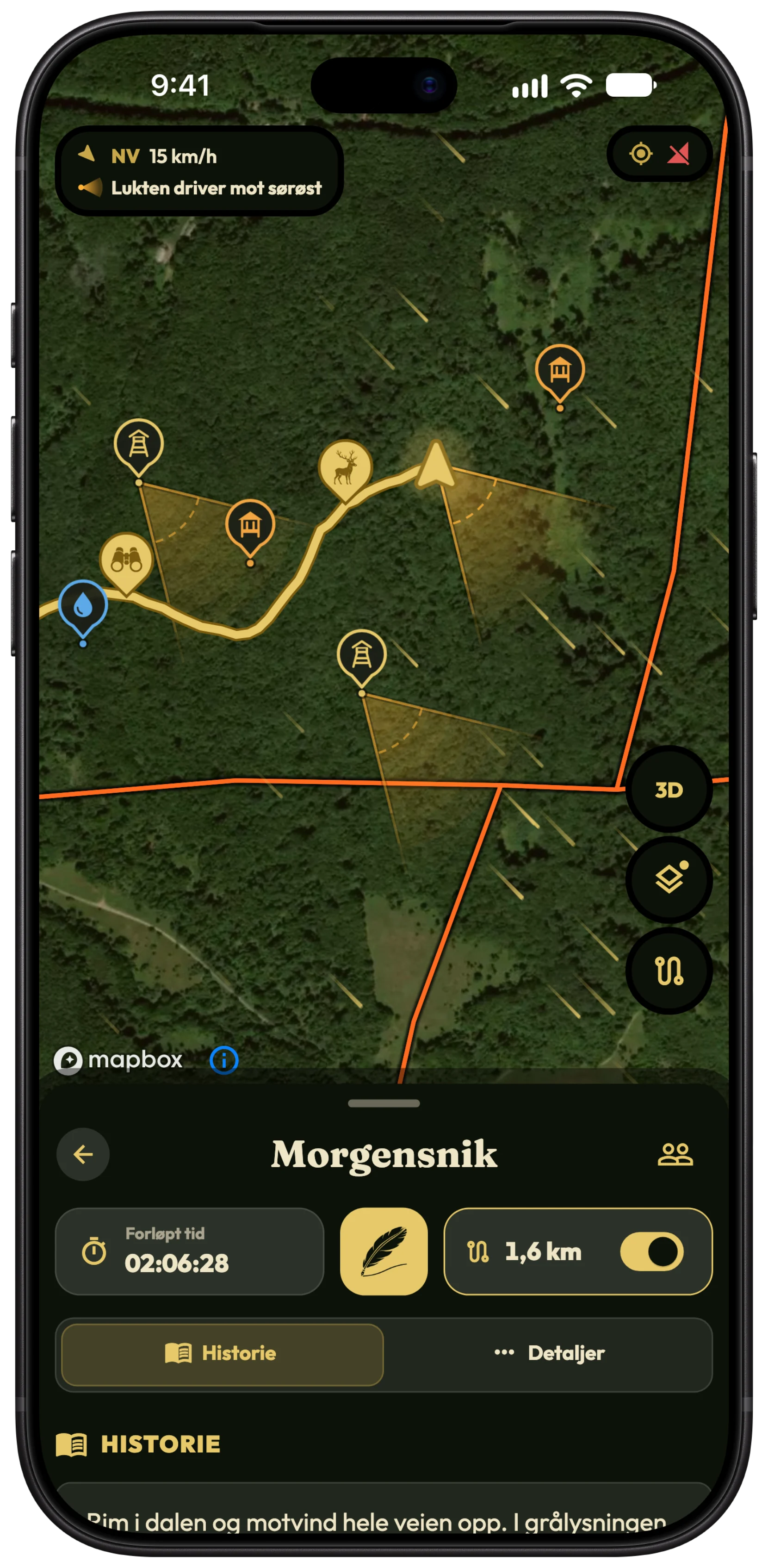Jaktkartet i HunTracker på en iPhone, med ravgule luktkjegler som driver mot sørøst fra jegeren og to poster, vindstriper og vindvisningen
