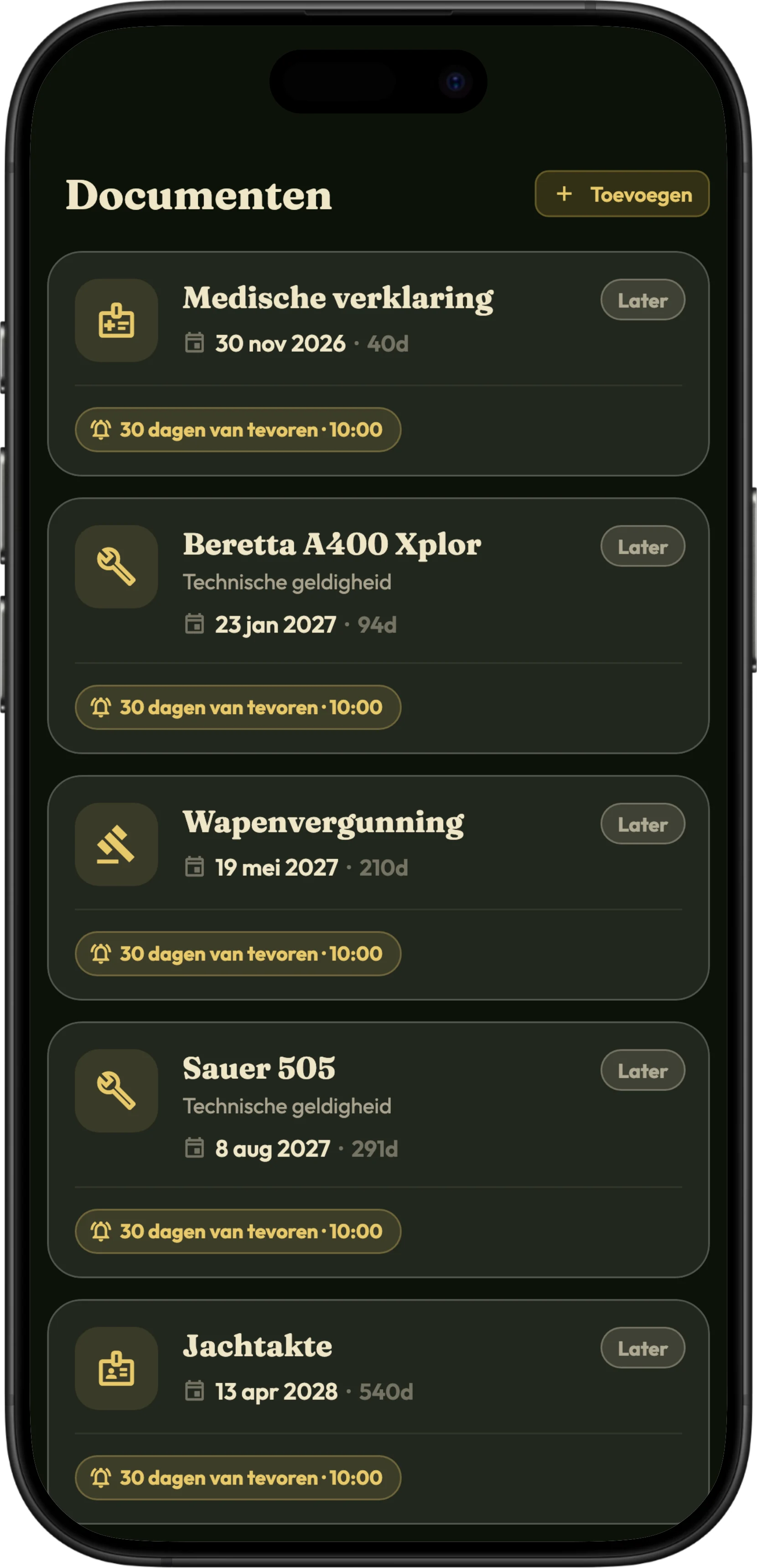 Het documentenscherm in HunTracker op een iPhone, met vervaldata