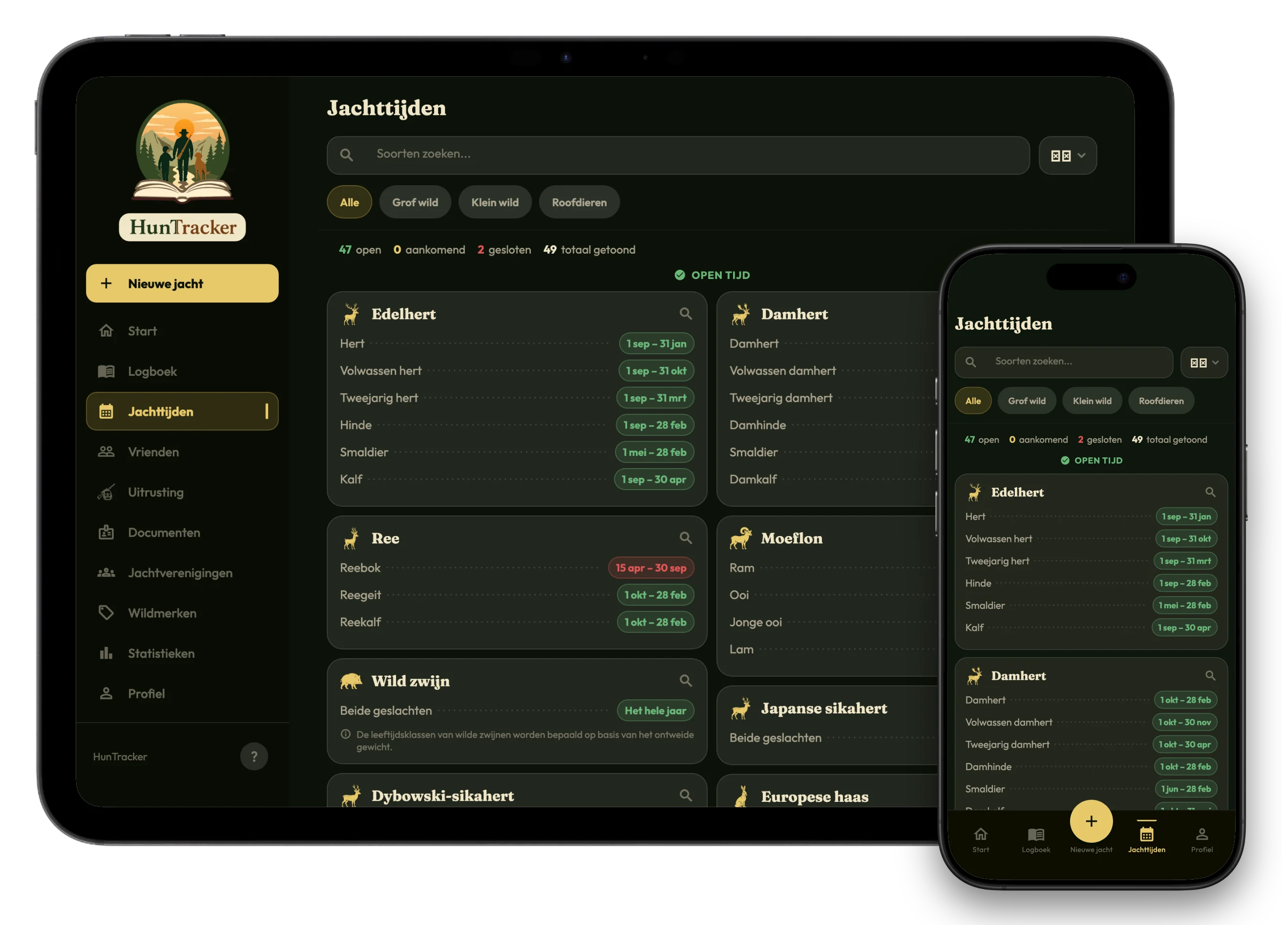 Het scherm met jachttijden in HunTracker op een iPad, met een iPhone ervoor, met soorten en hun openingsdata