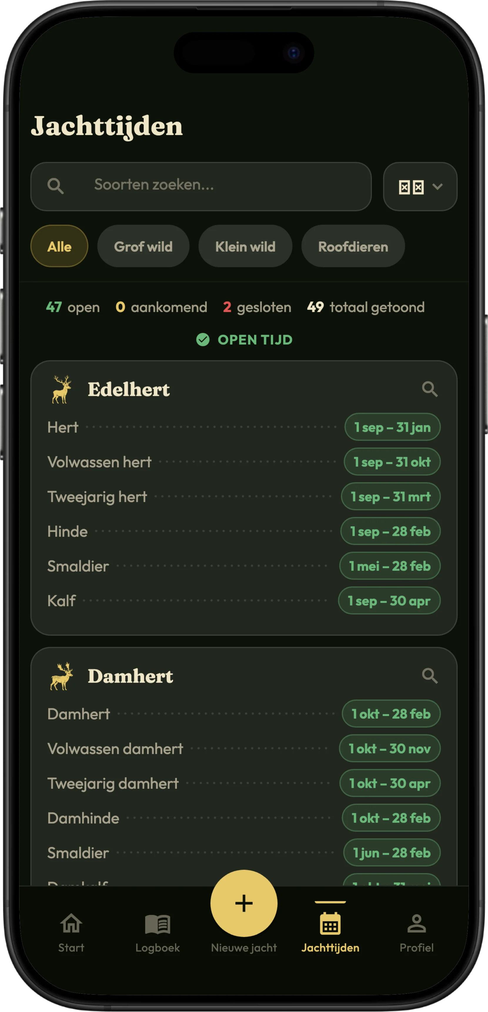 Het scherm met jachttijden in HunTracker, met soorten en hun open tijden
