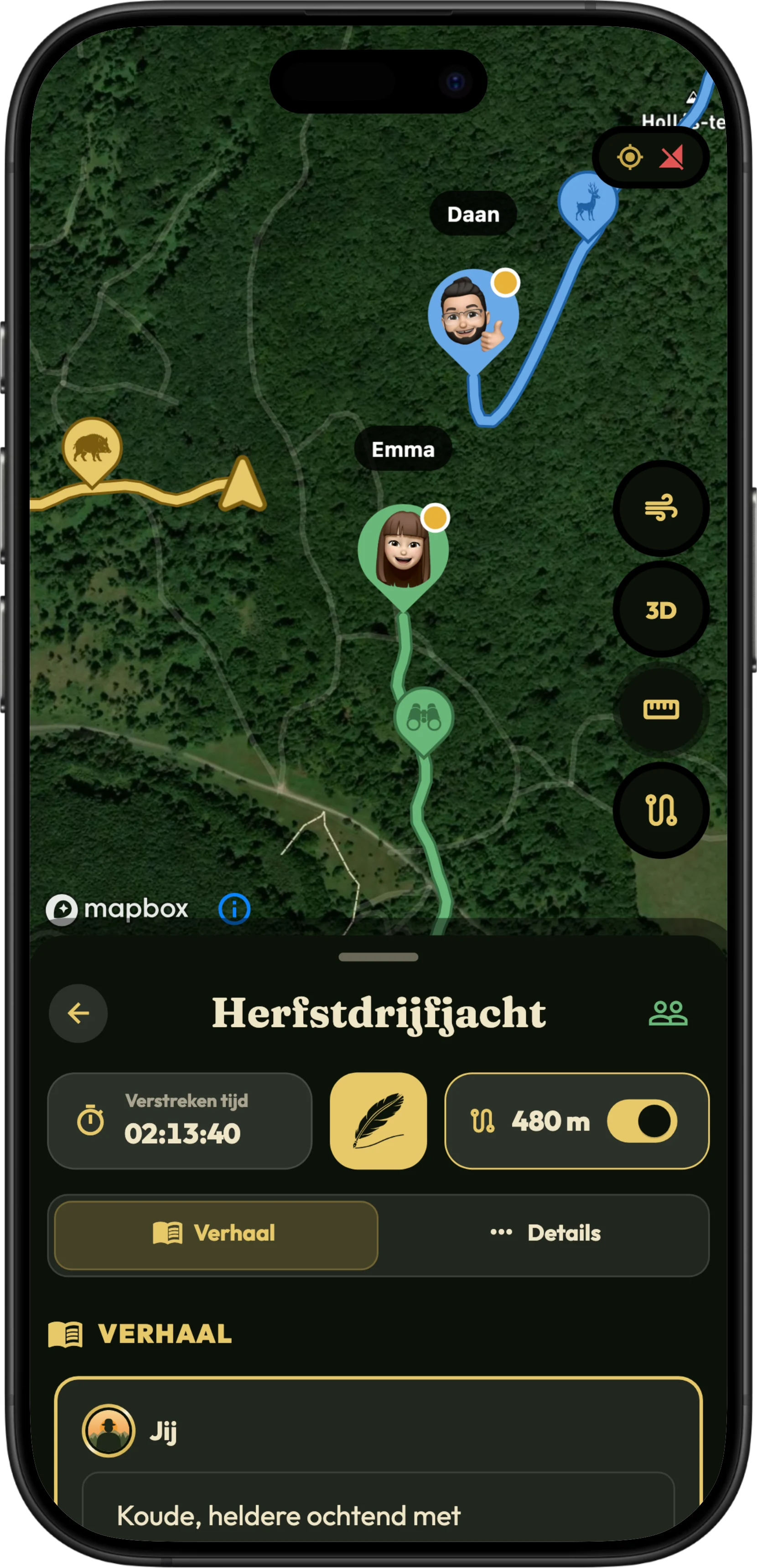 Een met vrienden gedeelde jacht in HunTracker, met elke jager op één kaart