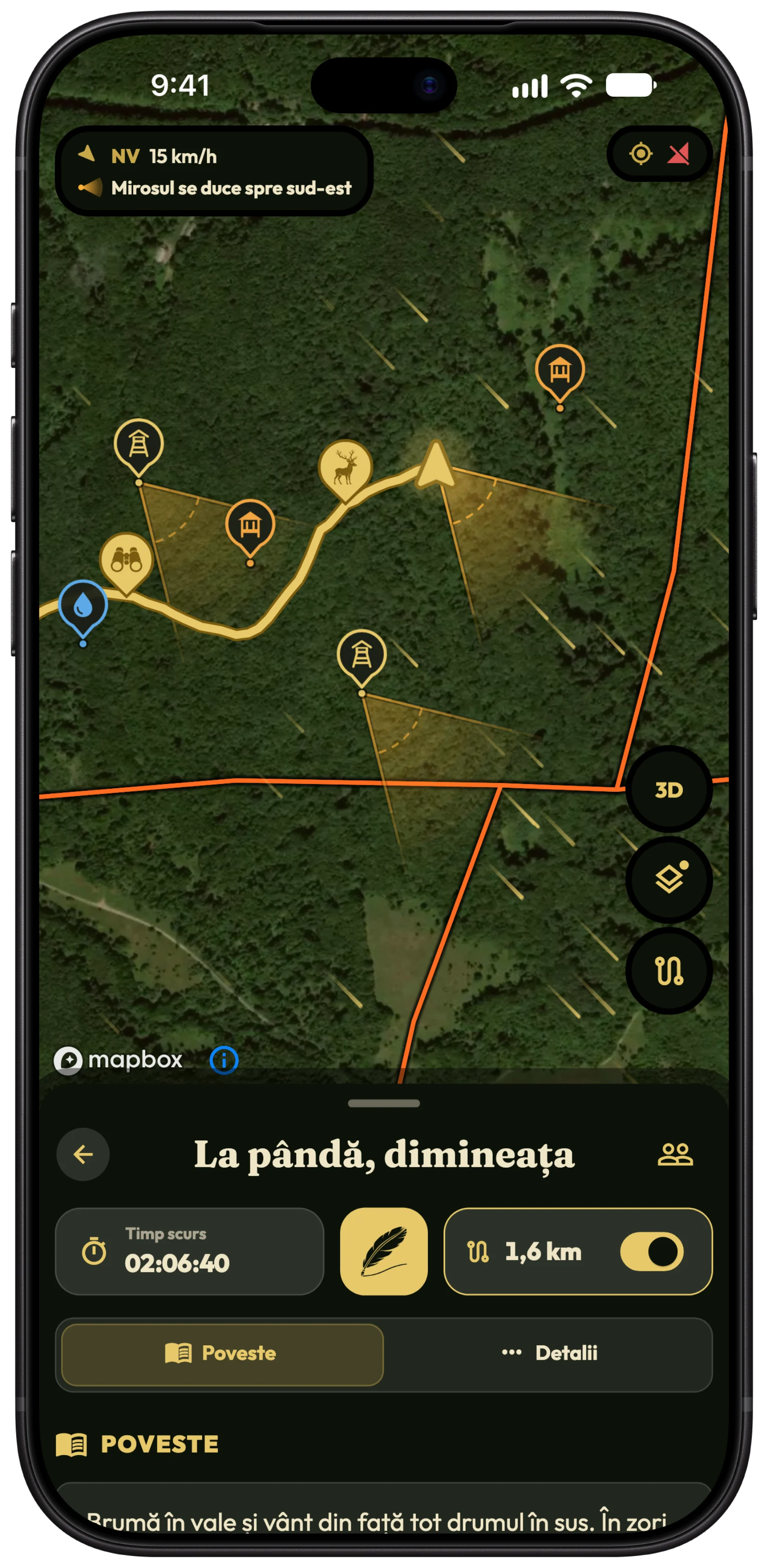 Harta vânătorii din HunTracker pe un iPhone, cu conuri chihlimbarii ale mirosului care se duc spre sud-est de la vânător și de la două observatoare, dâre de vânt și indicatorul vântului