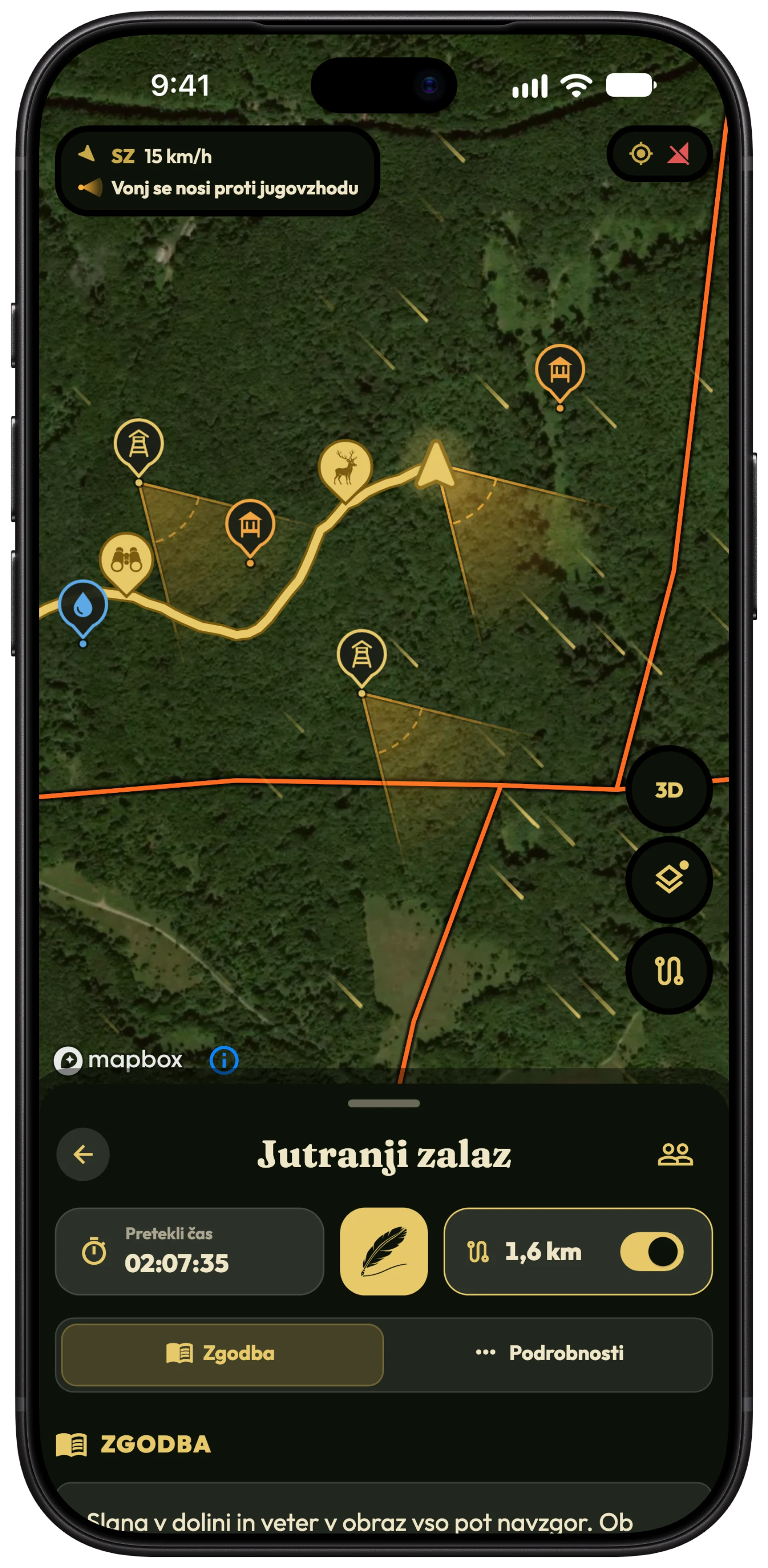 Zemljevid lova v aplikaciji HunTracker na iPhonu z jantarnimi stožci vonja, ki se od lovca in dveh visokih prež vlečejo proti jugovzhodu, s progami vetra in odčitkom vetra
