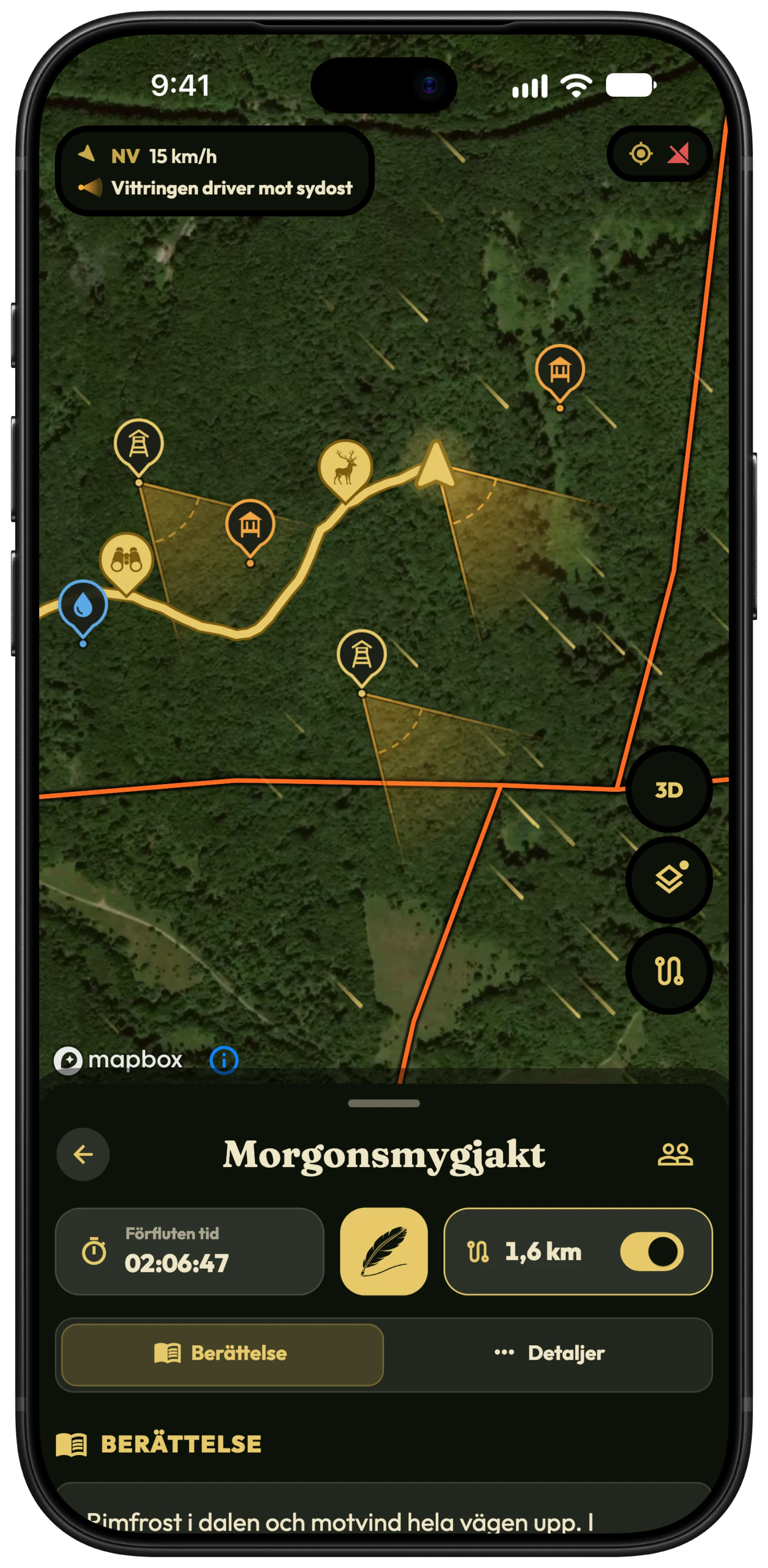 Jaktkartan i HunTracker på en iPhone, med bärnstensfärgade vittringskoner som driver mot sydost från jägaren och två pass, vindstrimmor och vindvisningen